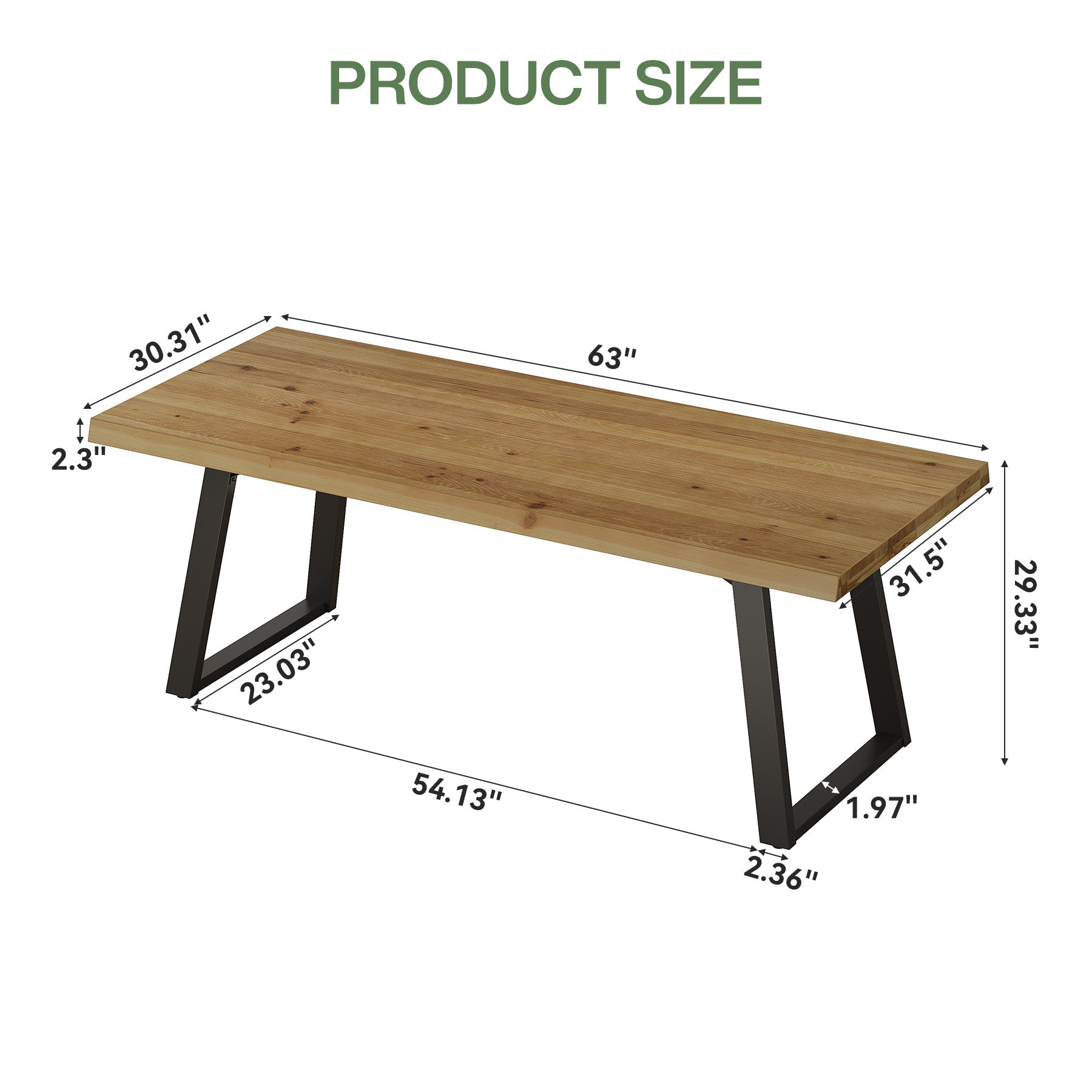 63" Solid Wood Conference Table, Farmhouse Computer Desk with Metal Legs