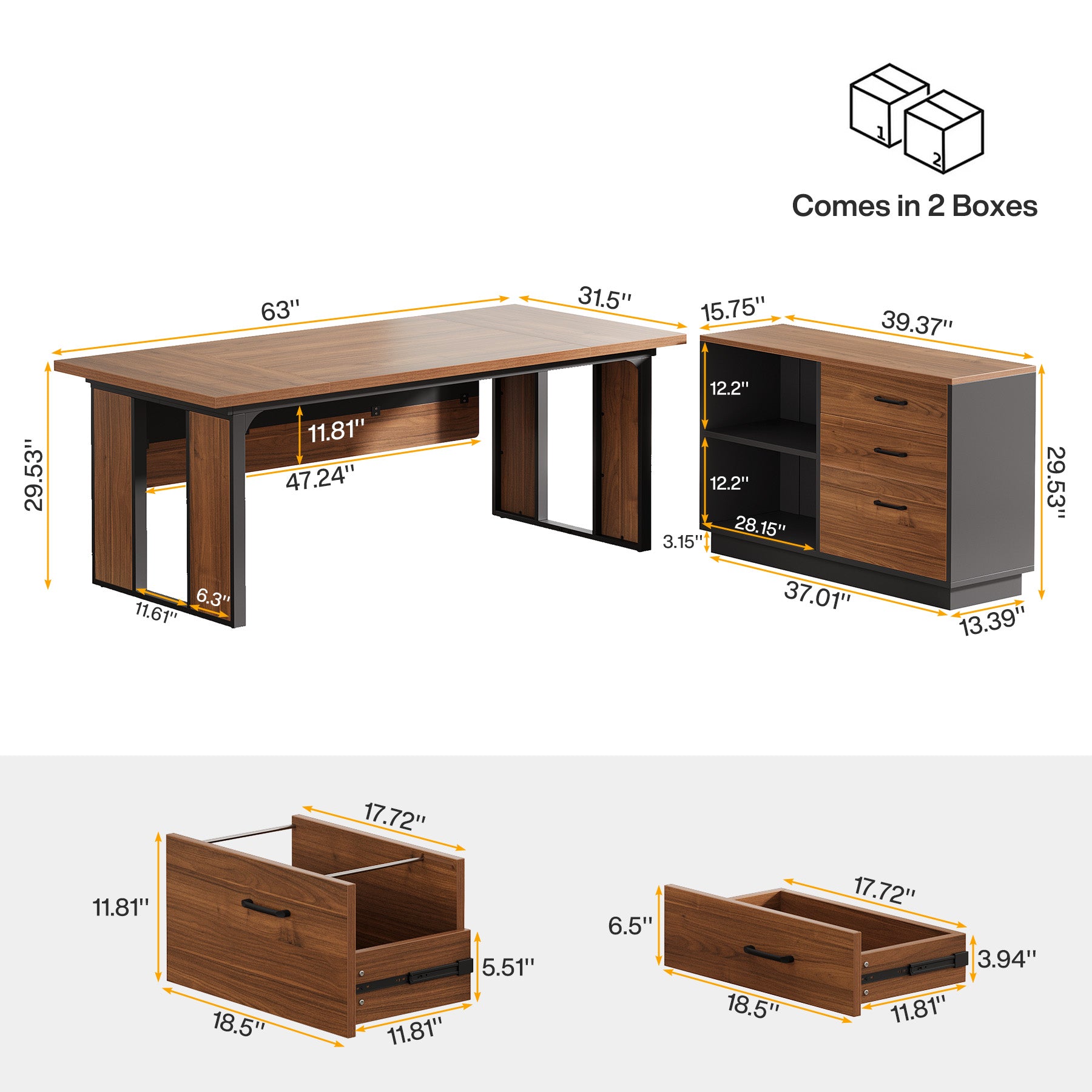 L-Shaped Executive Desk, 63" Computer Desk Workstation with File Cabinet