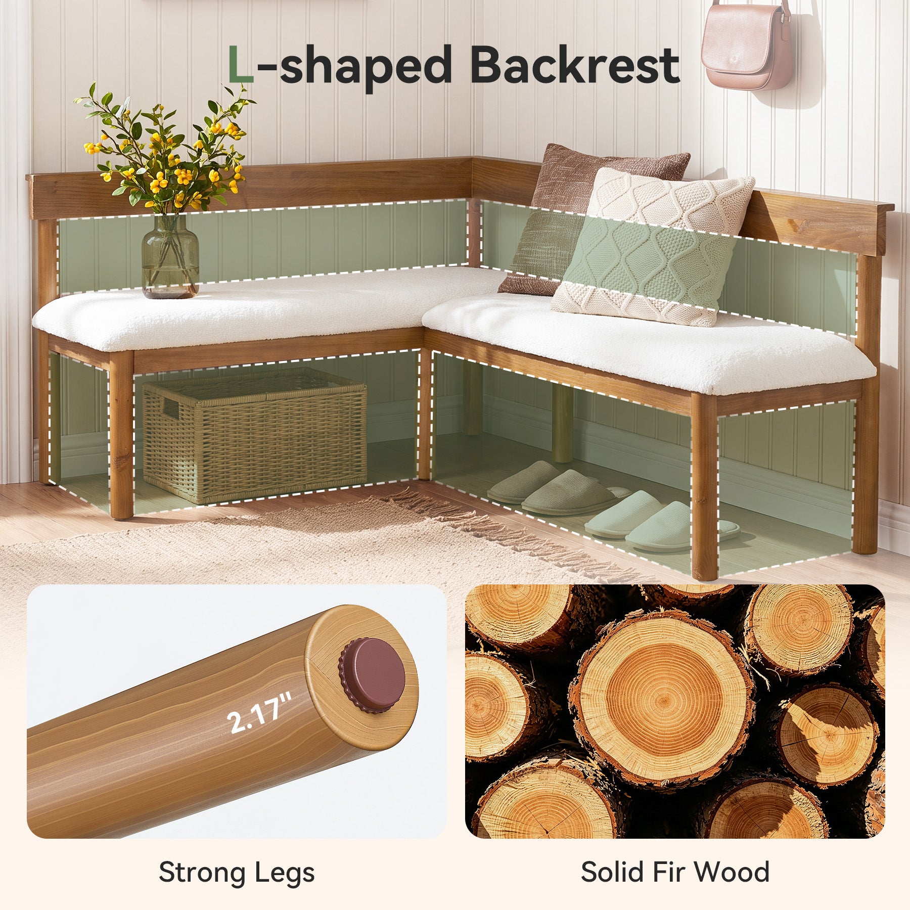 Solid Wood L-Shaped Bench, Upholstered Corner Kitchen Bench with Backrest