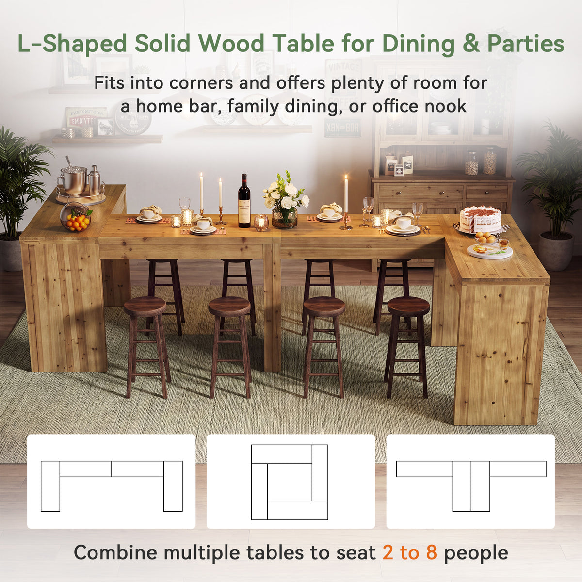 63" x 47" L-Shaped Solid Wood Bar Table, Counter Height with 2.4" Thick Panel Legs