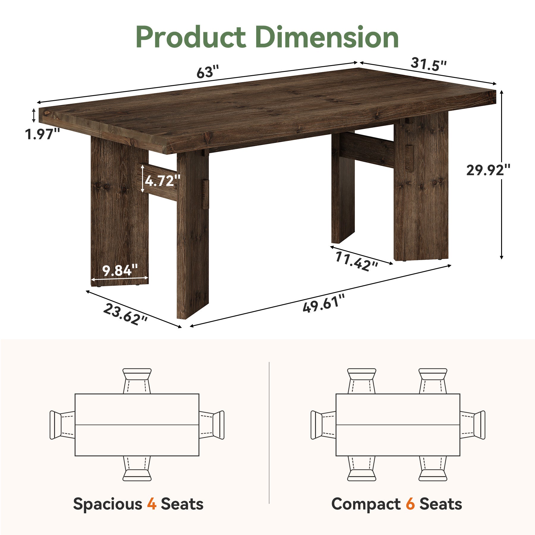 Solid Wood Dining Table for 4-6 People, 63" Rectangular Kitchen Table