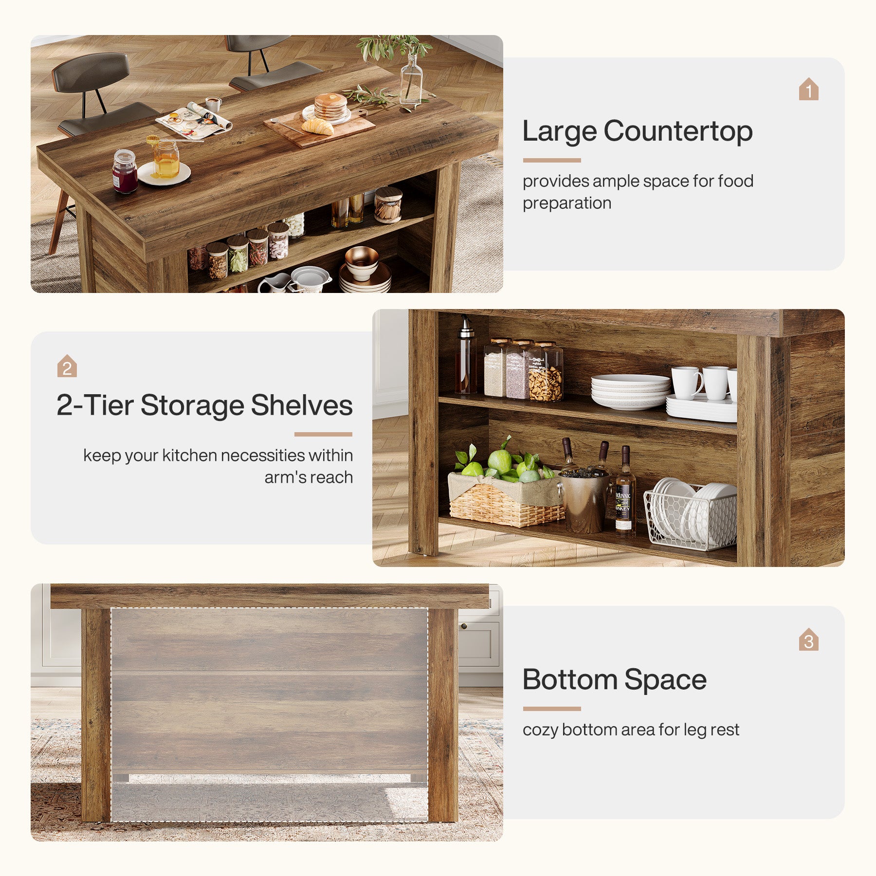 55" Kitchen Island, 3-Tier Island Table Counter Height Bar Table