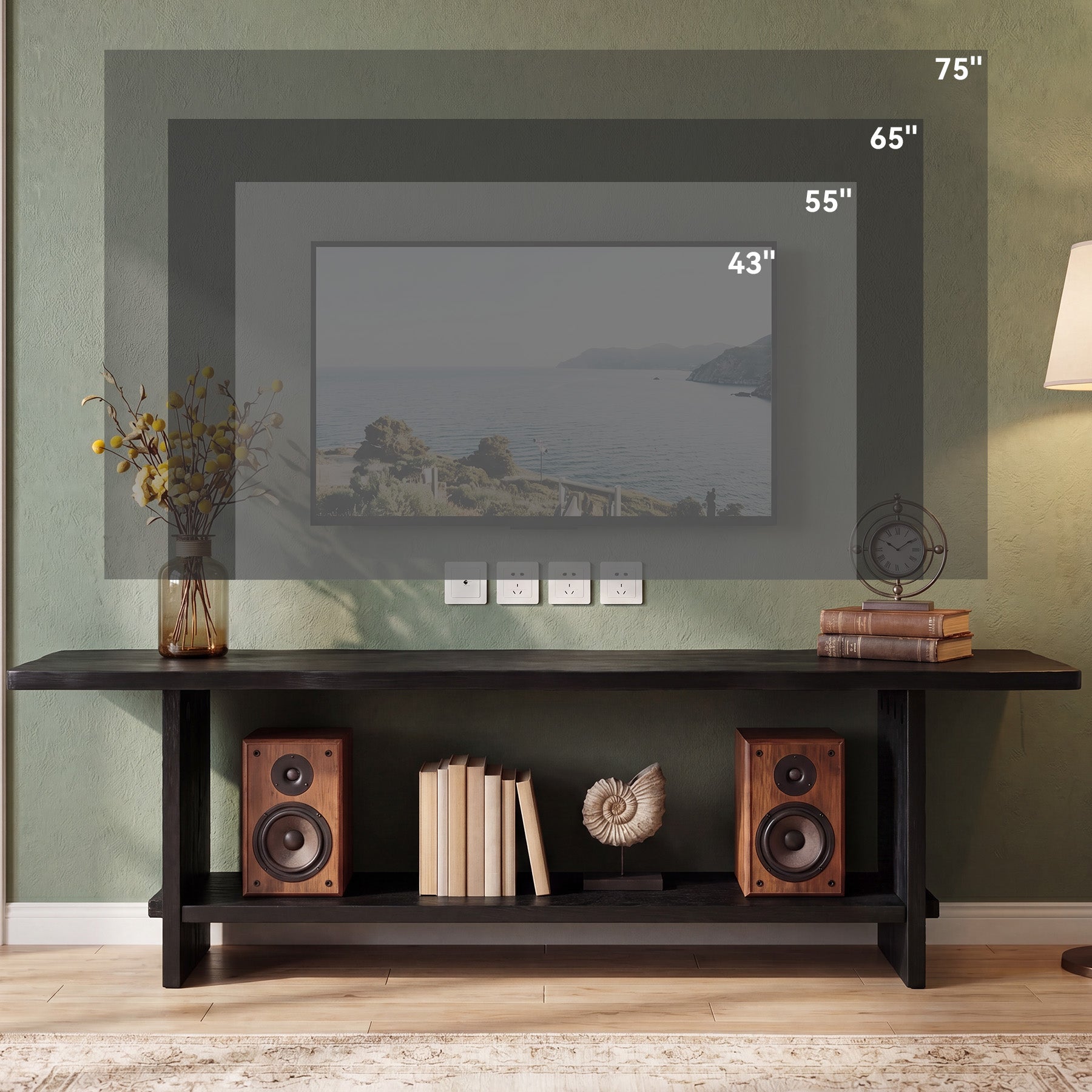 71" Solid Wood TV Stand for 55–85 Inch TVs, Farmhouse Media Console with Storage Shelf, Wooden Entertainment Center