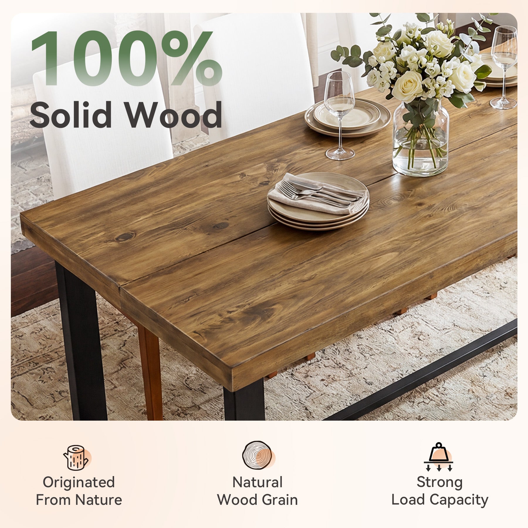 70.8" Solid Wood Dining Table, Farmhouse Kitchen Table for 6-8 for Dining Room