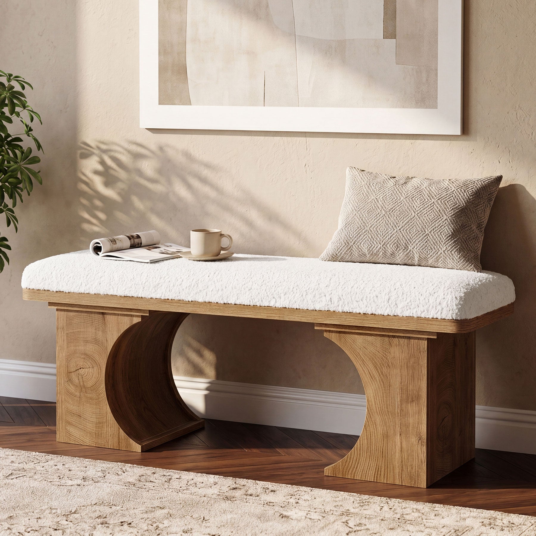Tribesigns 47.24-Inch Upholstered Entryway Bench with Soft Cushion and Curved Wooden Legs, Modern Rustic Shoe Bench for Hallway and Living Room