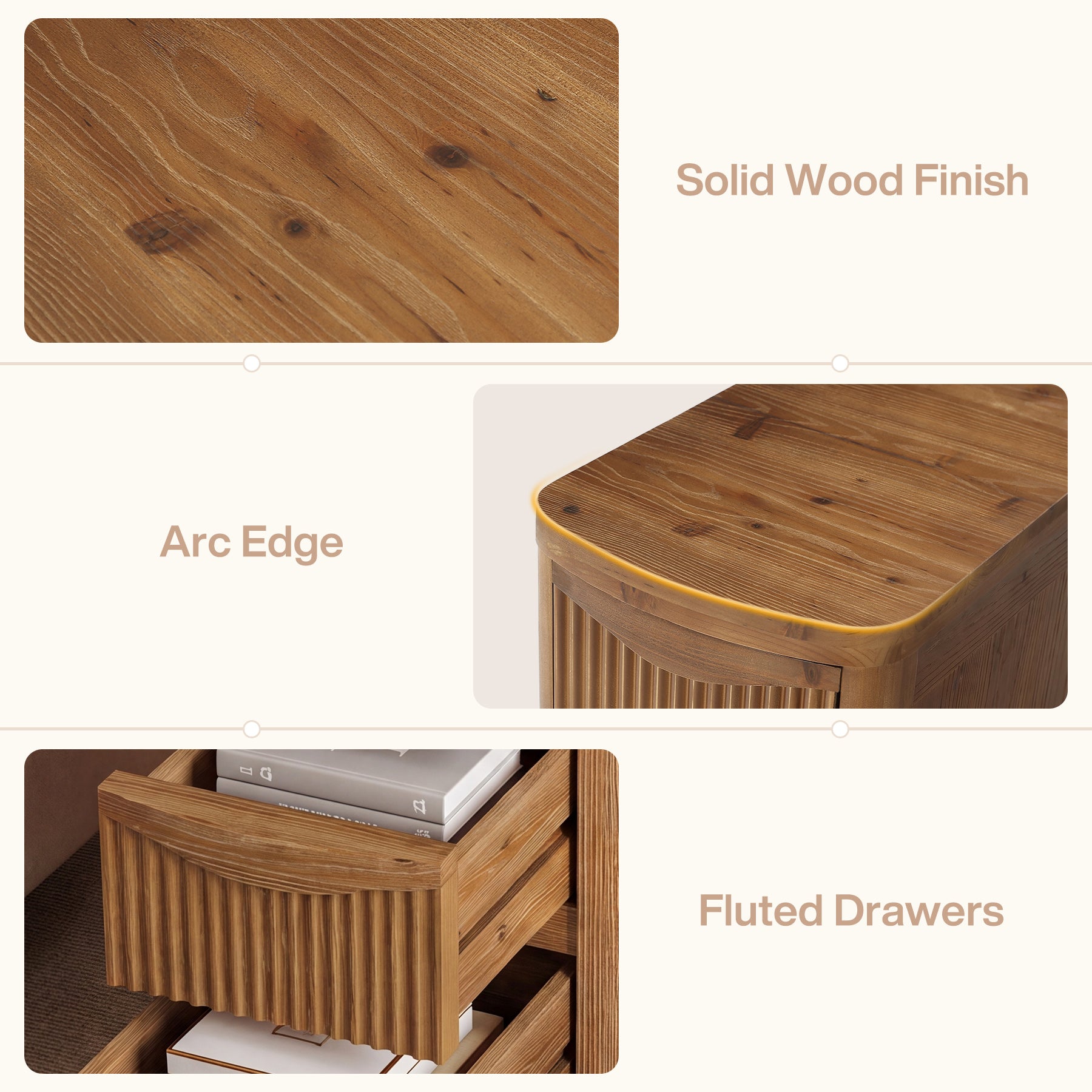 Solid Wood End Table with 3 Drawers, 24" Farmhouse Side Table for Small Spaces