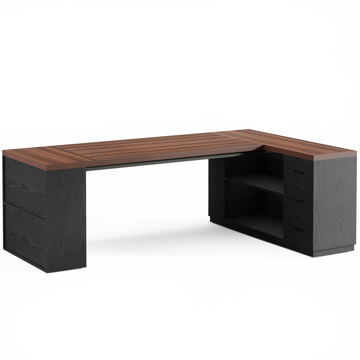 87" L-Shaped Executive Desk, 3 Drawers & Storage Cabinet, Modern Home Office Desk