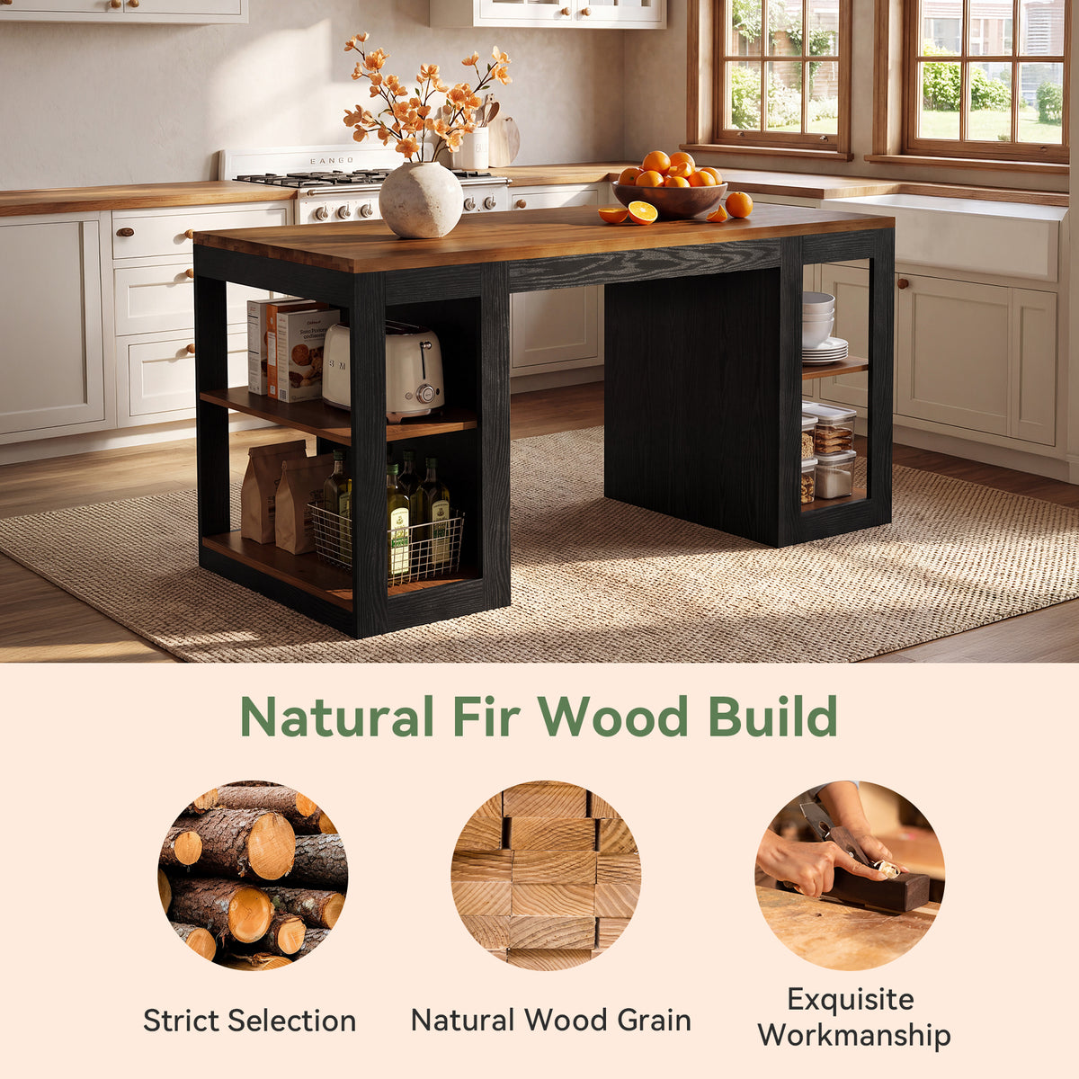 63" Farmhouse Solid Wood Kitchen Island, 2-Tier Side Storage