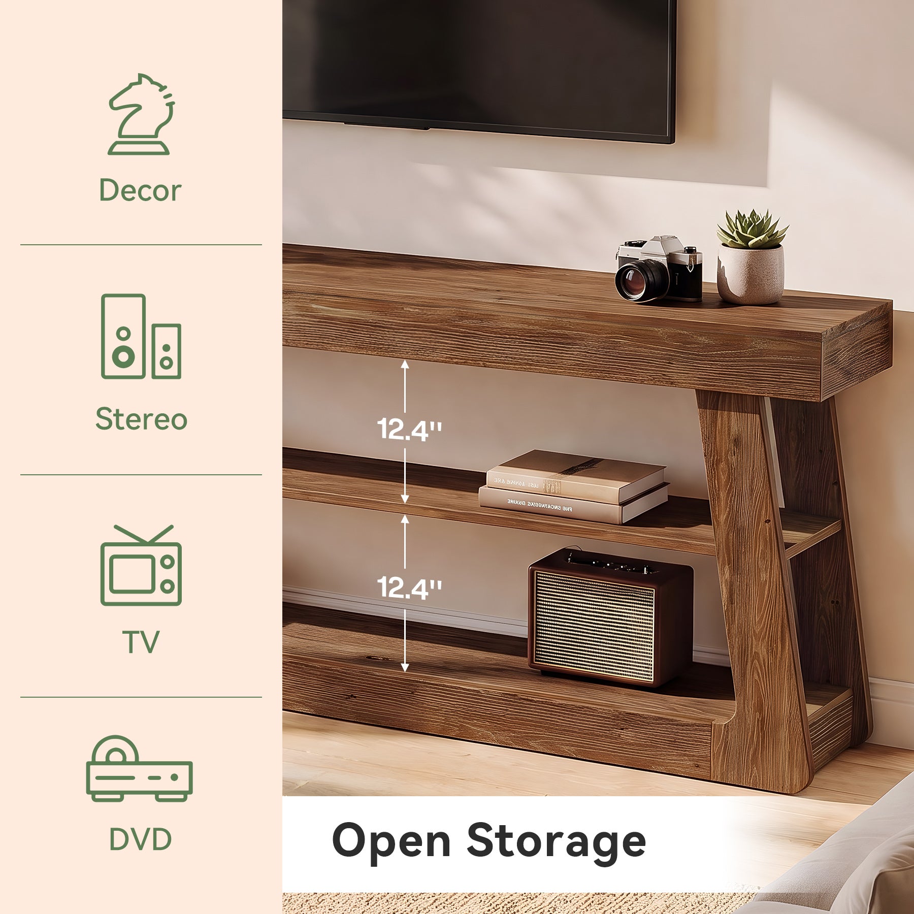 63" Solid Wood TV Stand, 3-Tier Storage Entertainment Center For Living Room