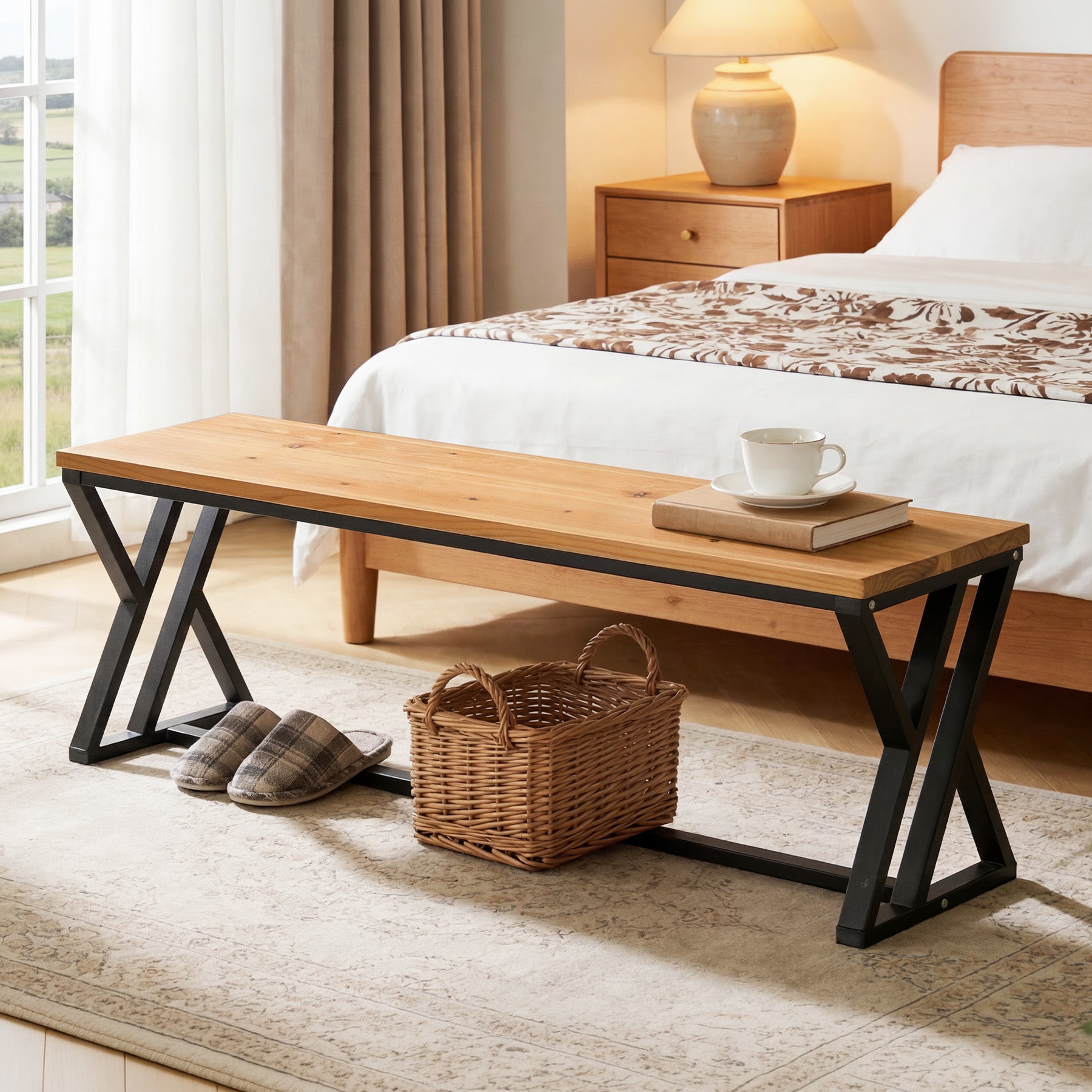 55" Long Entryway Bench, Solid Wood End of Bed Bench with Metal Legs