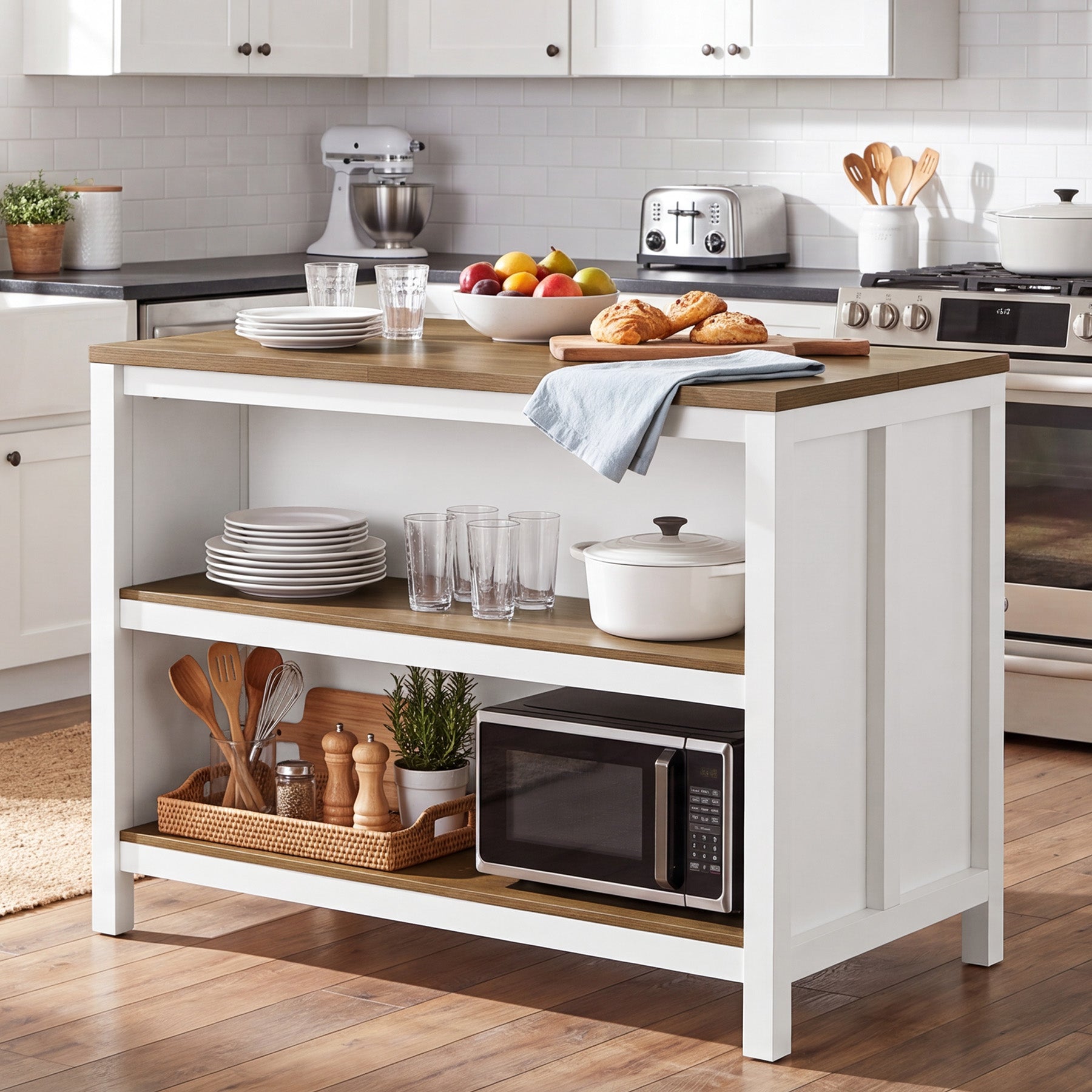 47" Kitchen Island, 2-Tier Farmhouse Wooden Stationary Island Table with Large Worktop