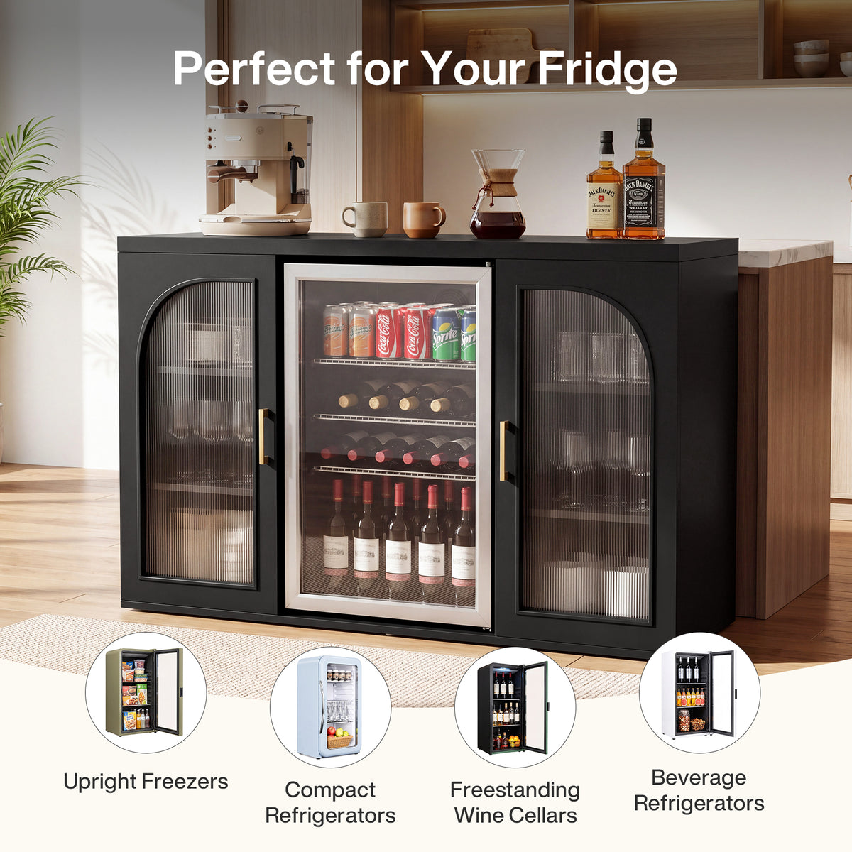 53" Coffee Bar Cabinet with Mini Fridge Space & LED Lights, Fluted Acrylic Door