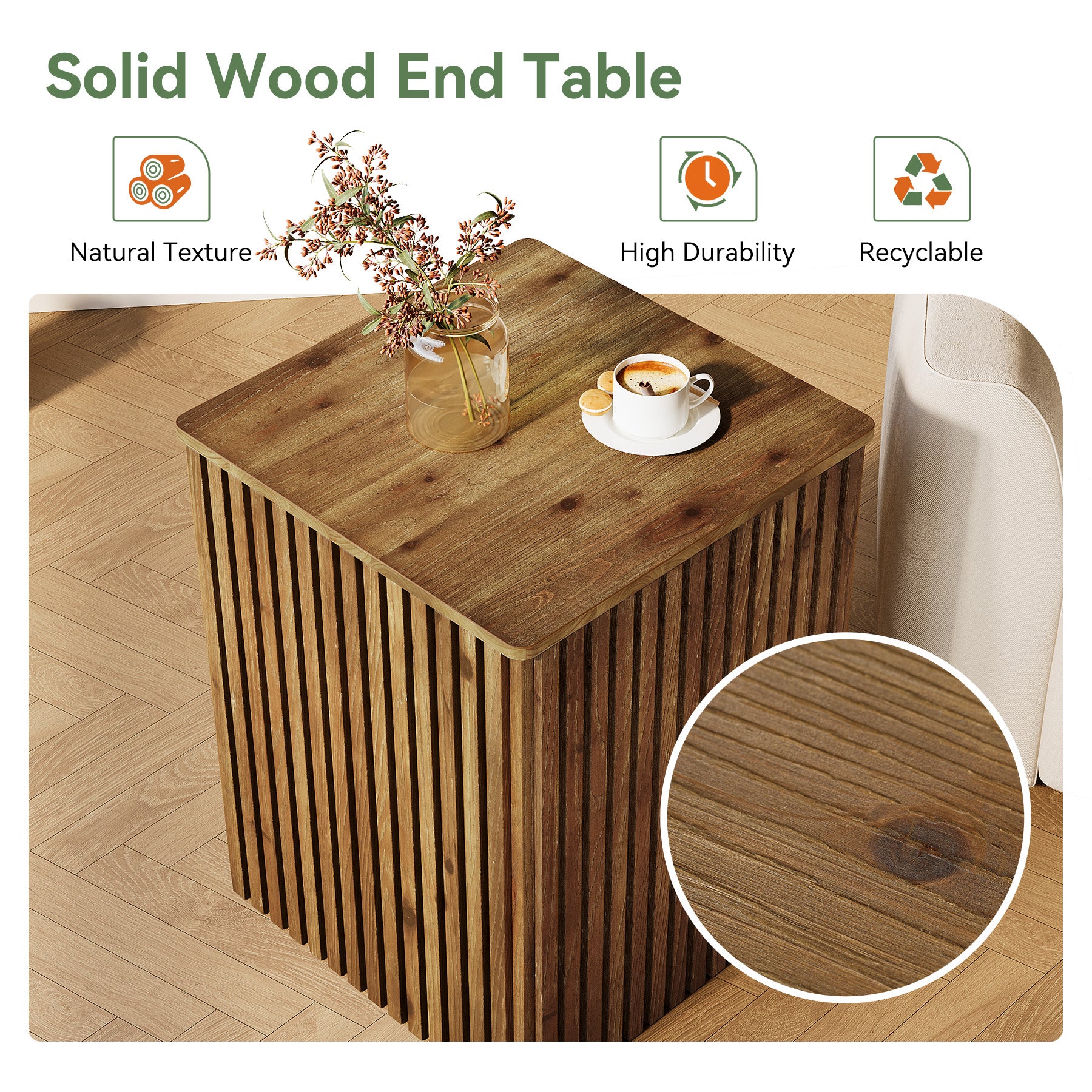 Solid Wood End Table, Square Fluted Side Table with Storage and Removable Lid