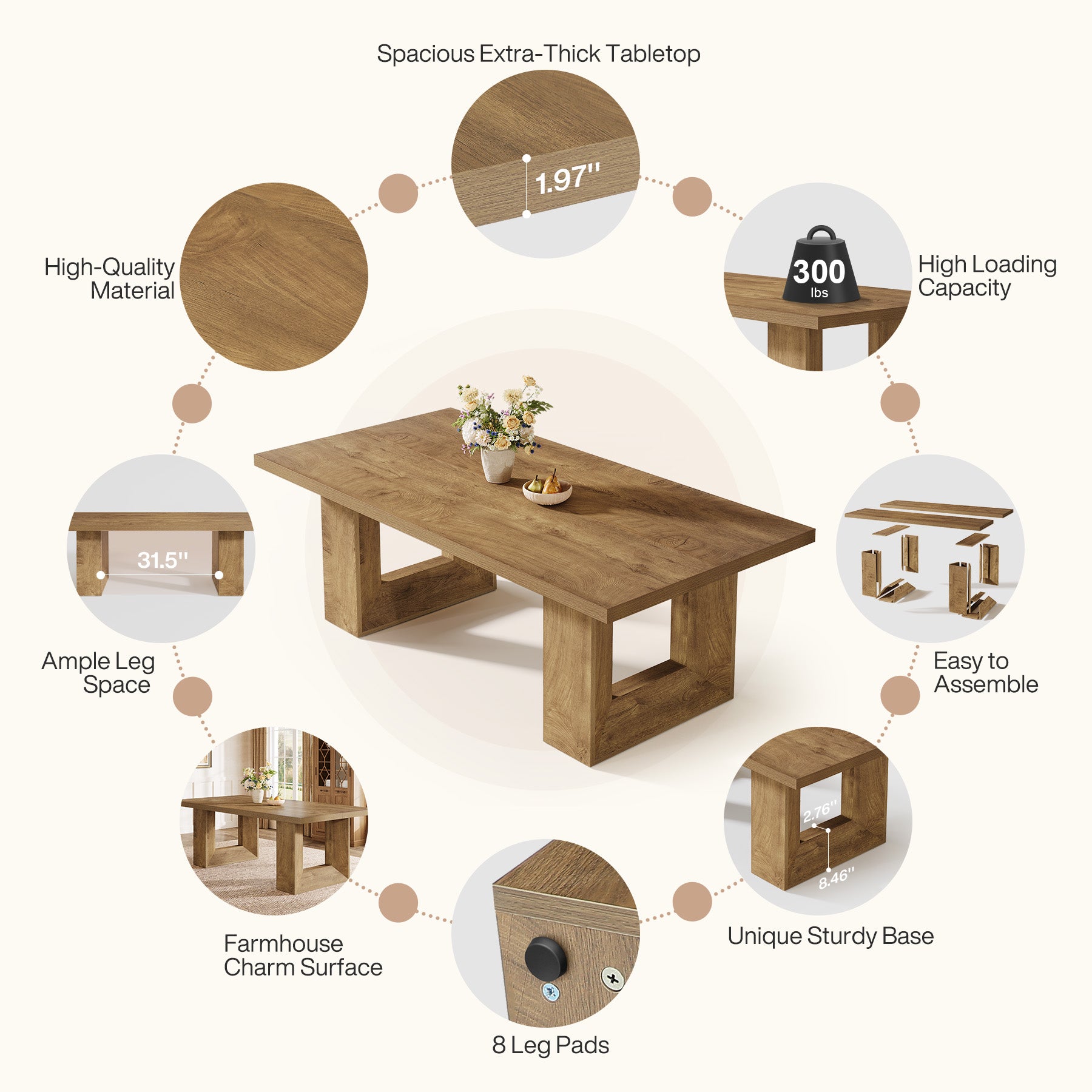 Rectangle Dining Table for 6-8, 63" Kitchen Table with Geometric Frame