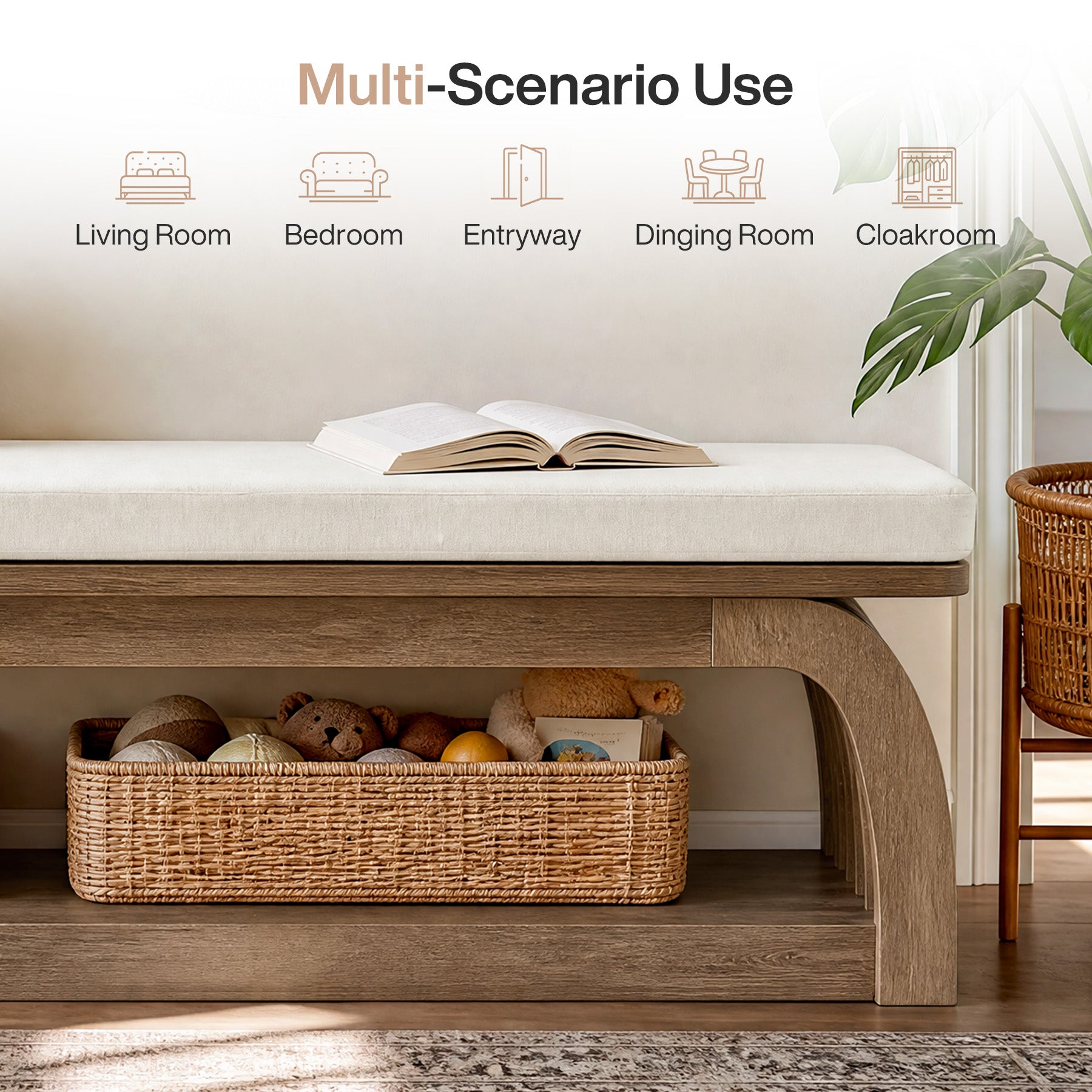 55" Upholstered Entryway Bench, 2-Tier Shoe Storage Bench with Hollow Legs for Hallway