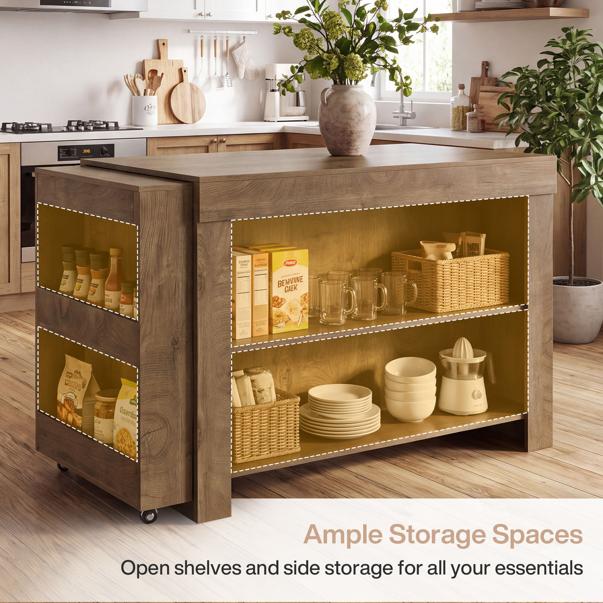 47-85" Extendable Kitchen Island for 2-4, Stationary Storage Island with Open Shelves