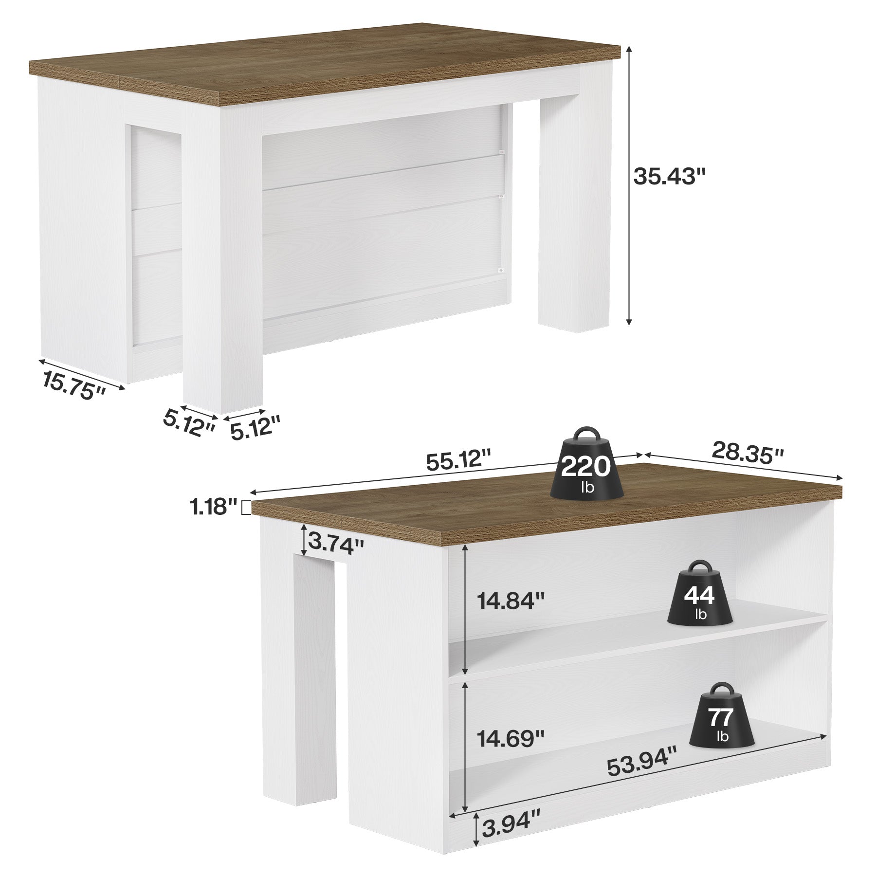 55" Farmhouse Kitchen Island, Stationary Island Prep Dining Table with 2-Tier Open Shelves