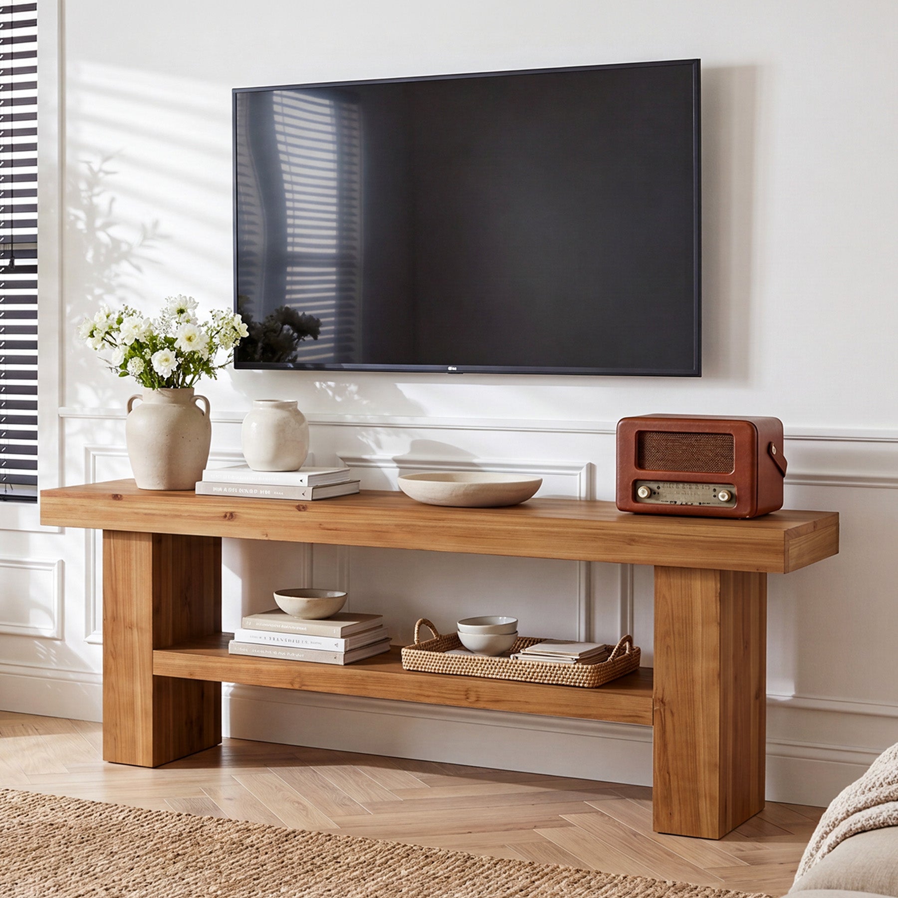 63" Solid Wood TV Stand for TVs up to 75", Entertainment Center with 2-Tier Shelves for Living Room