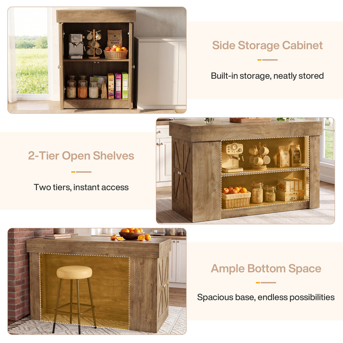 55" Kitchen Island with Storage Cabinet and Shelves, Farmhouse Bar Table for Kitchen