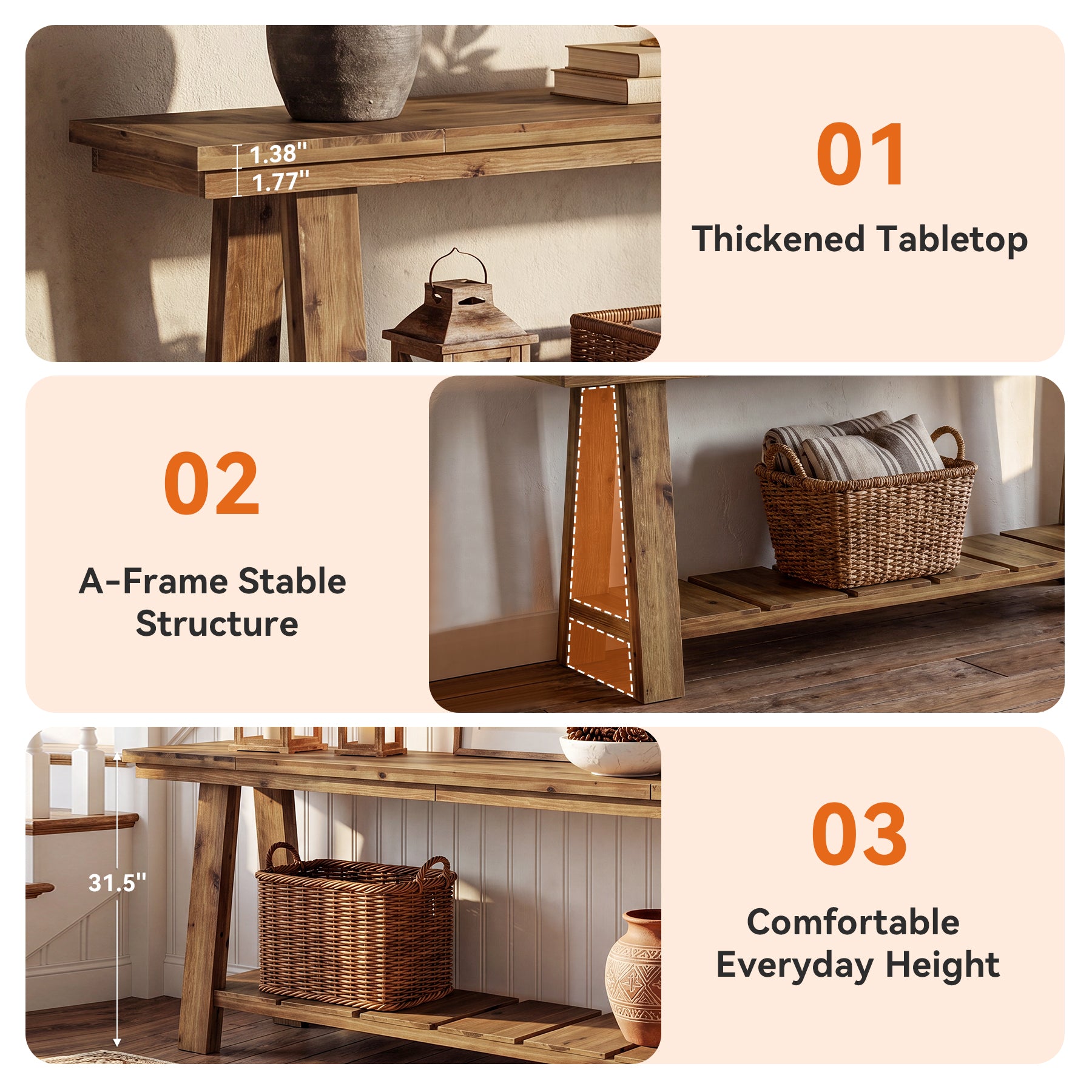 79" Solid Wood Console Table, Long Farmhouse Entryway Table with 2-Tier Storage Shelf