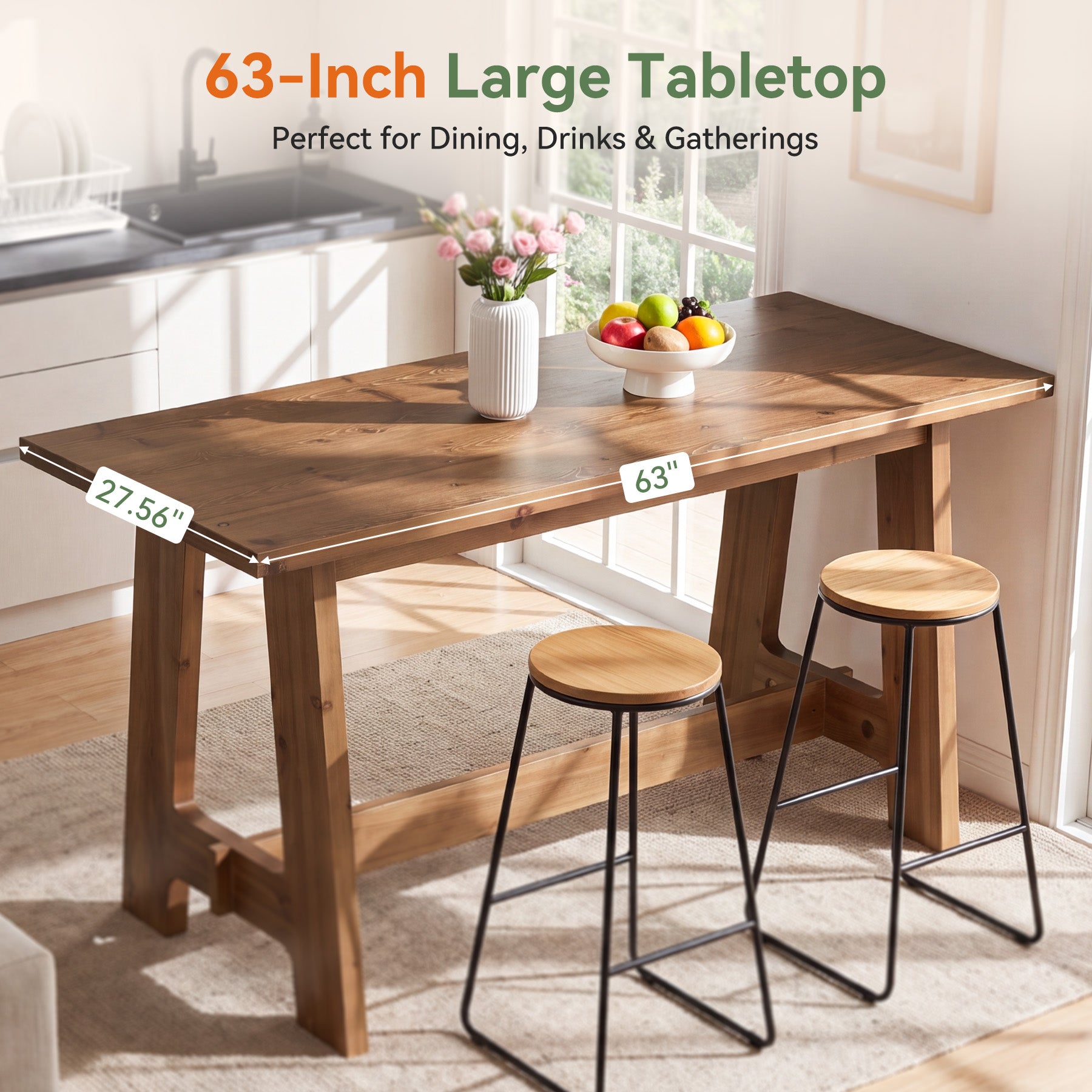 63" Solid Wood Bar Table, Rectangular Farmhouse Dining  Pub Table with A-Frame