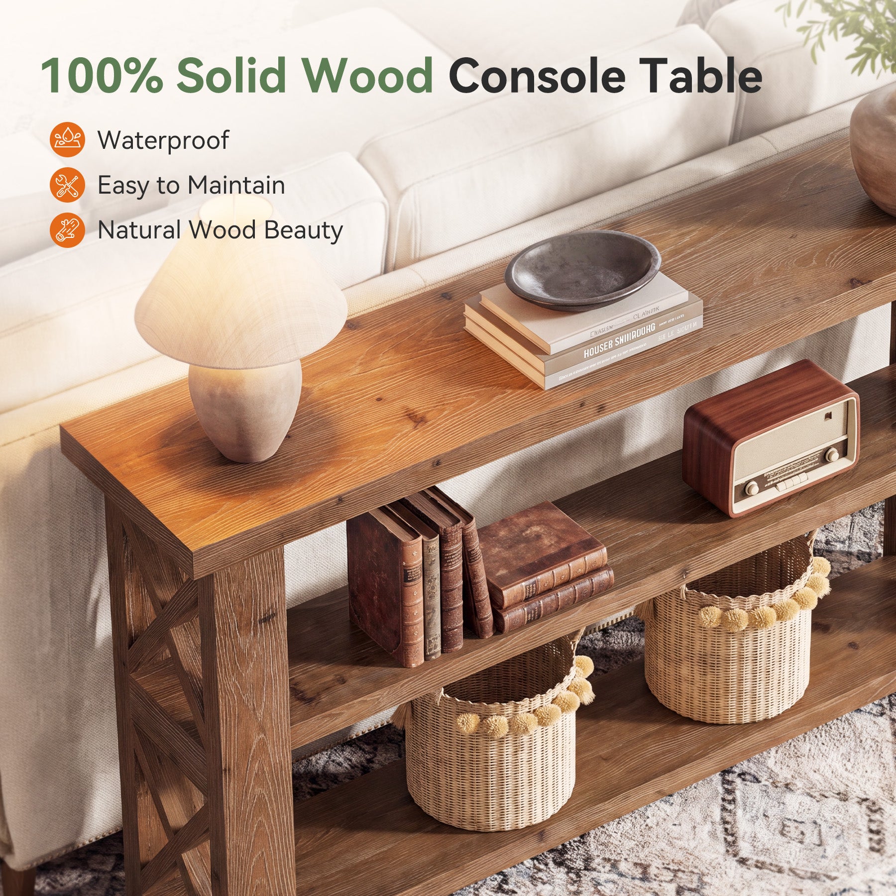 3-Tier Solid Wood Console Table, 63" Sofa Table Behind the Couch for Entryway, Living Room