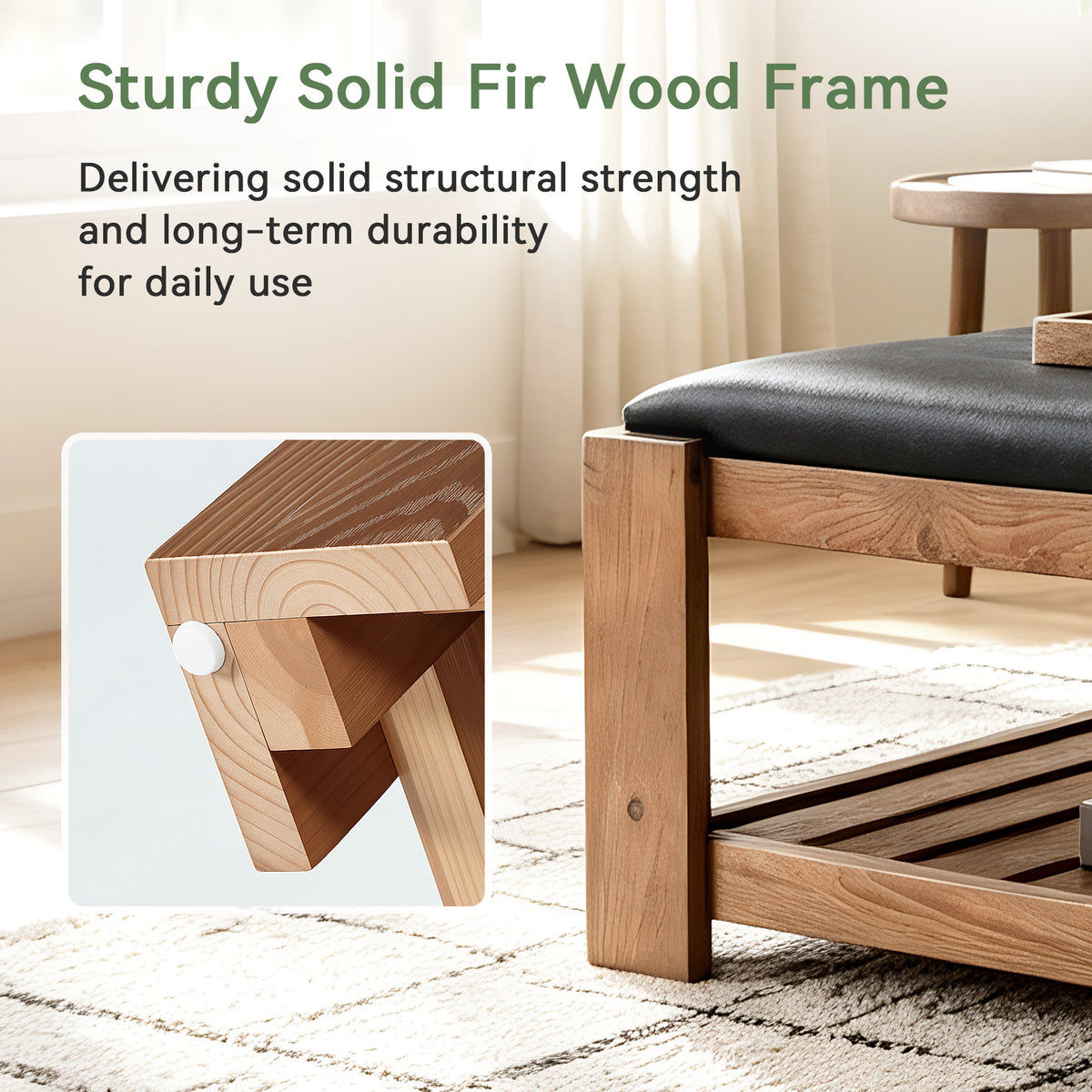 55" Solid Wood Coffee Table with PU Leather Padded Top & Storage Shelf