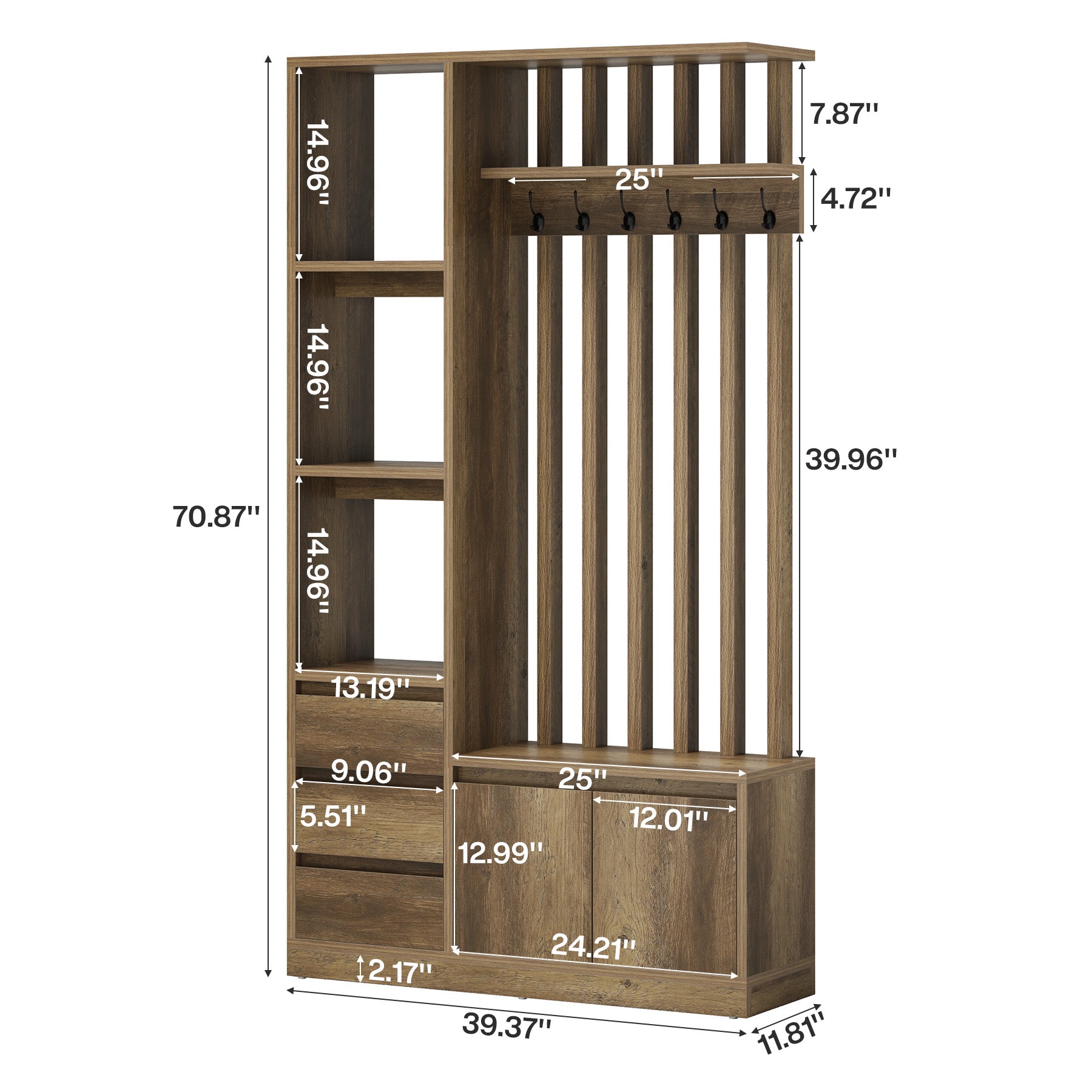 Hall Tree with Bench & Shoe Storage, Farmhouse 6 Hooks, 3 Shelves, 5 Shoe Cubbies, Entryway