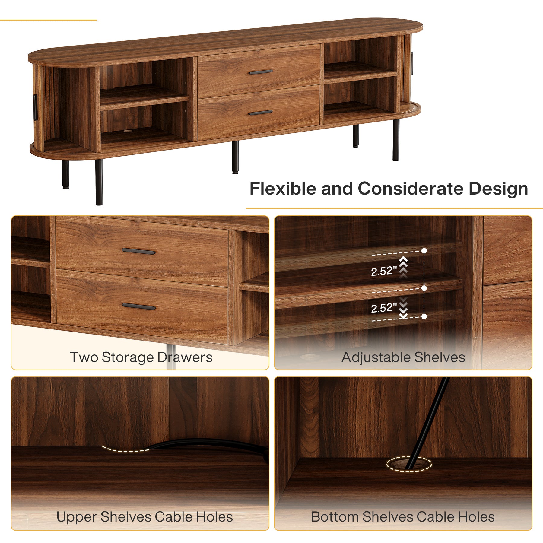 70" TV Stand, Modern Media Console with Storage and Sliding Tambour Door
