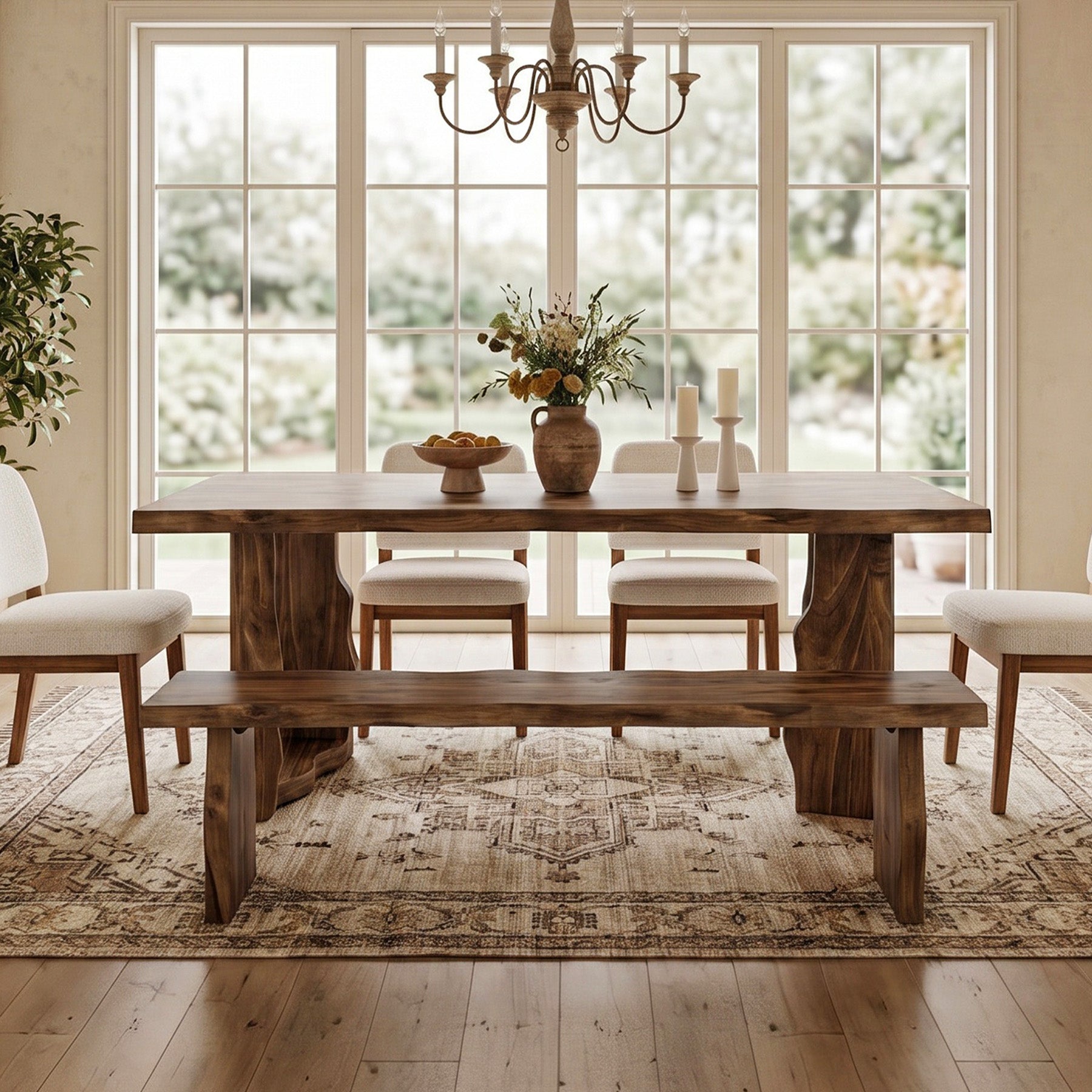 63" Solid Wood Live Edge Dining Table for 6, Rustic Modern Kitchen & Dining Room Table with Sculptural Legs