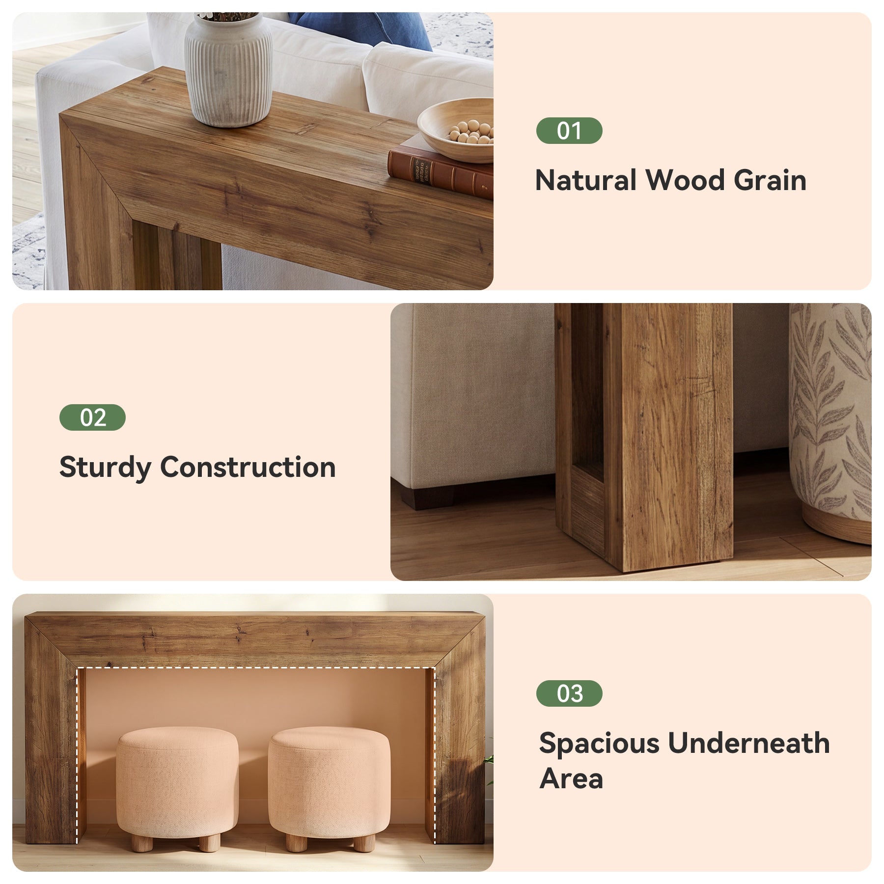 63-Inch Solid Wood Console Table with Geometric Frame, Natural Farmhouse Entryway Table