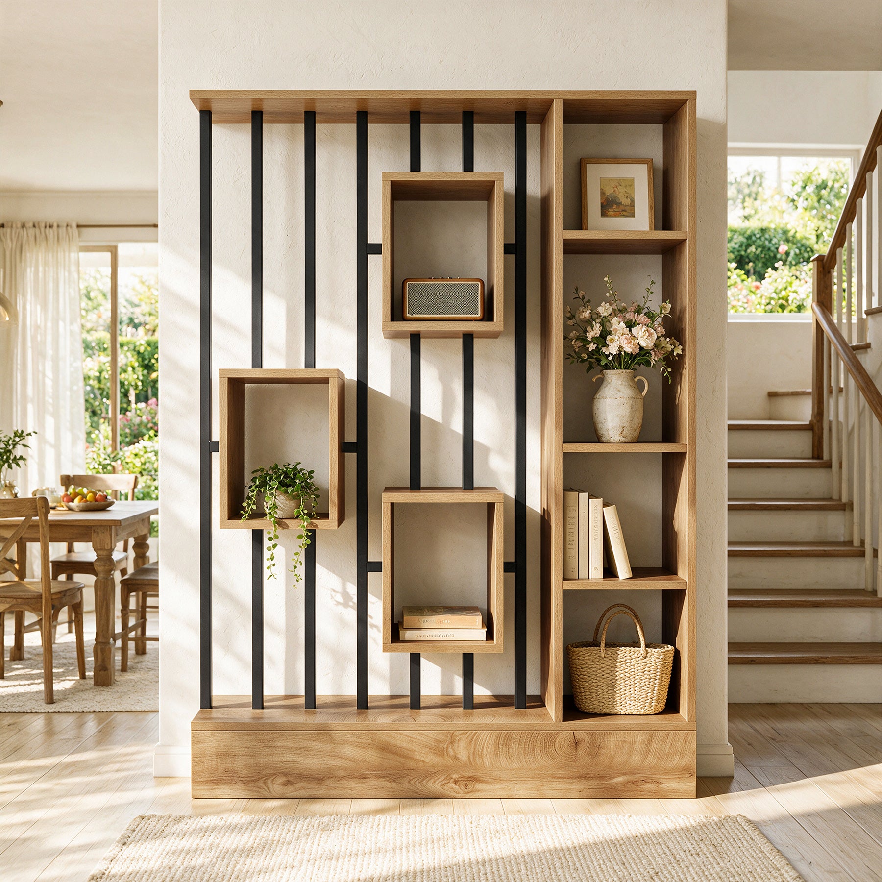 71" Room Divider with Shelves & Coat Hooks, Freestanding Wall Partition, Bedroom Living Room
