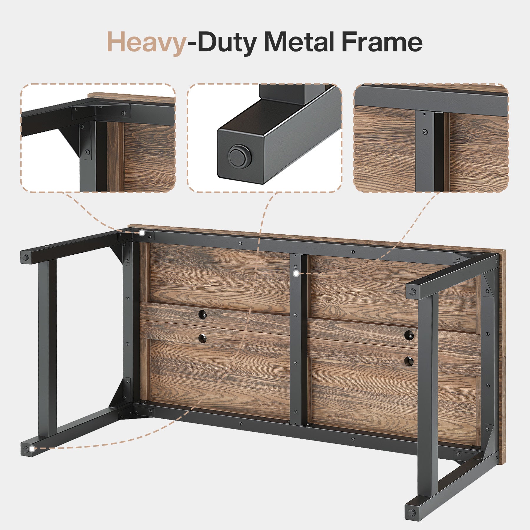 63" Solid Wood Office Desk, Heavy-Duty Computer Desk with Metal Frame