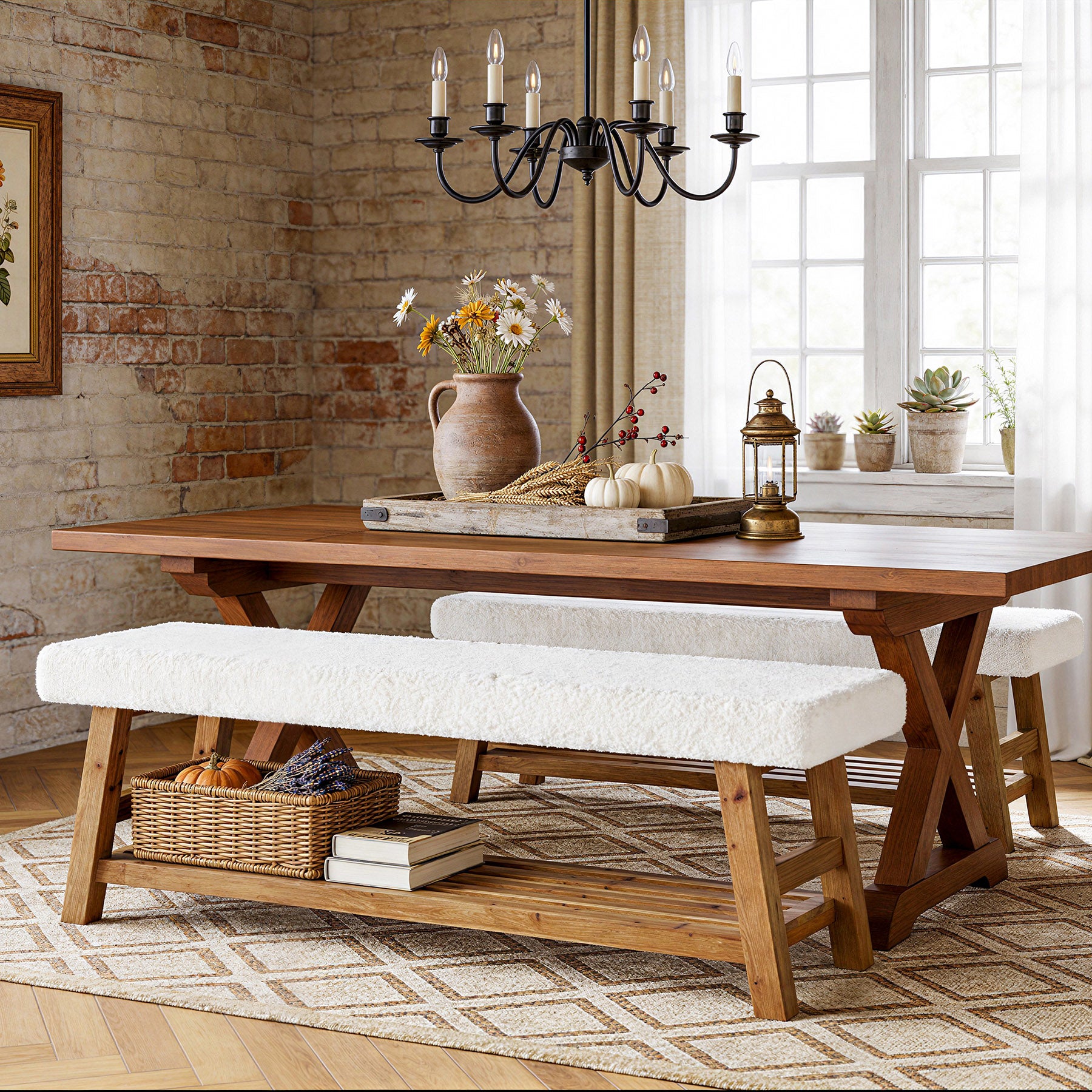 55" Upholstered Dining Bench, 2-Tier Solid Wood Kitchen Table Bench with Cushion