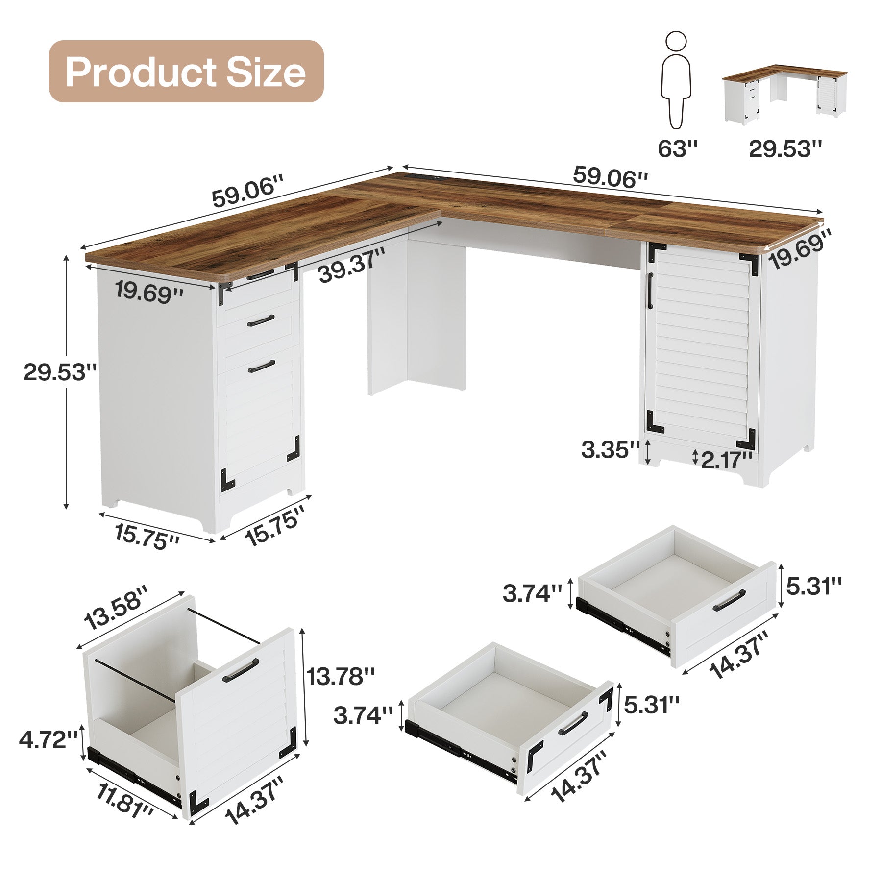 L-Shaped Executive Desk, 59" Computer Desk with Drawers & Power Outlets