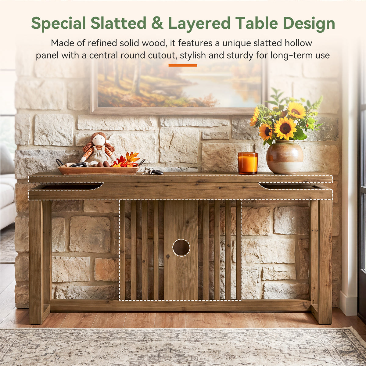 63" Solid Wood Console Table for Entryway, Farmhouse Sofa Table with Slatted Hollow Layered Design