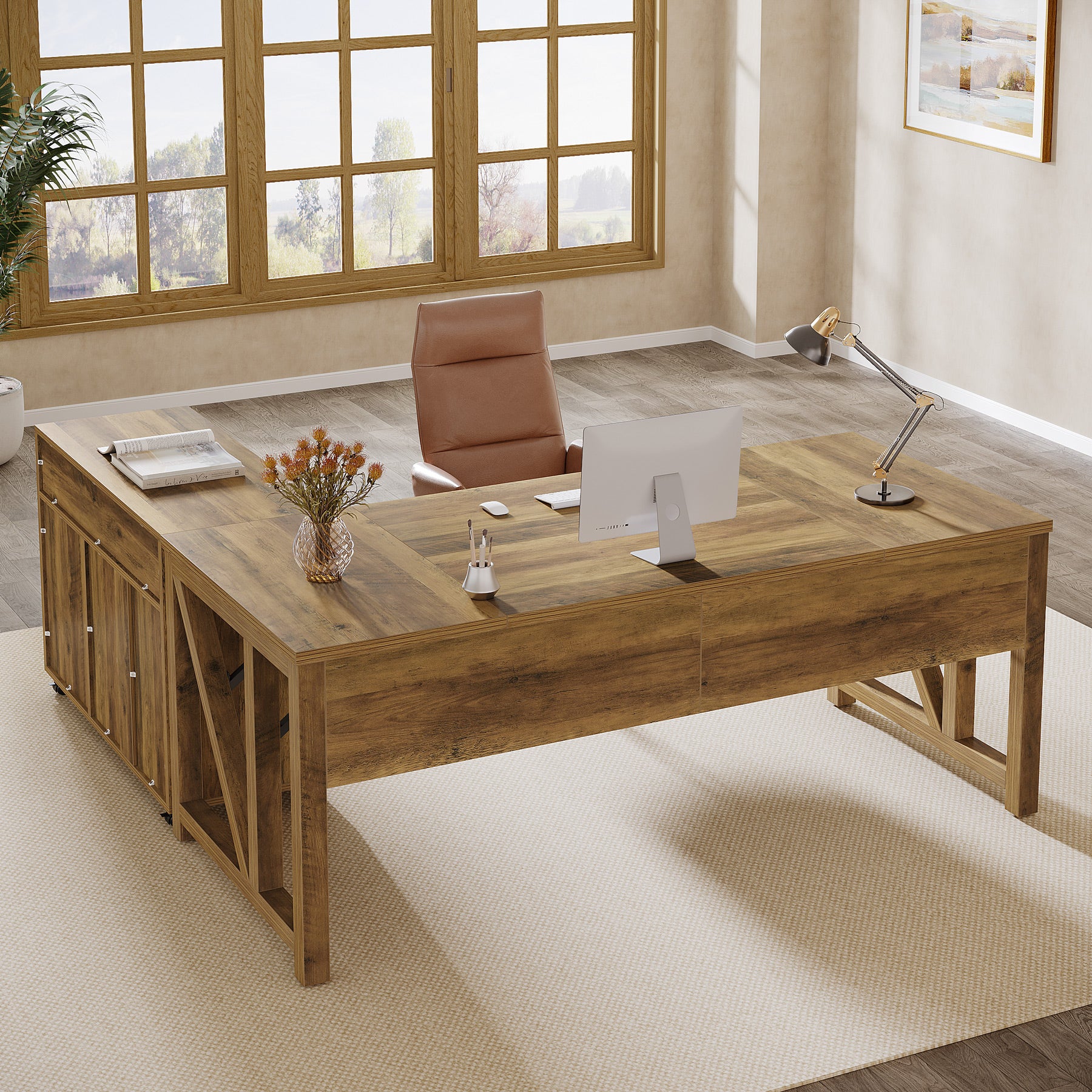 L-Shaped Executive Desk, 63" Computer Desk with Drawer Cabinet