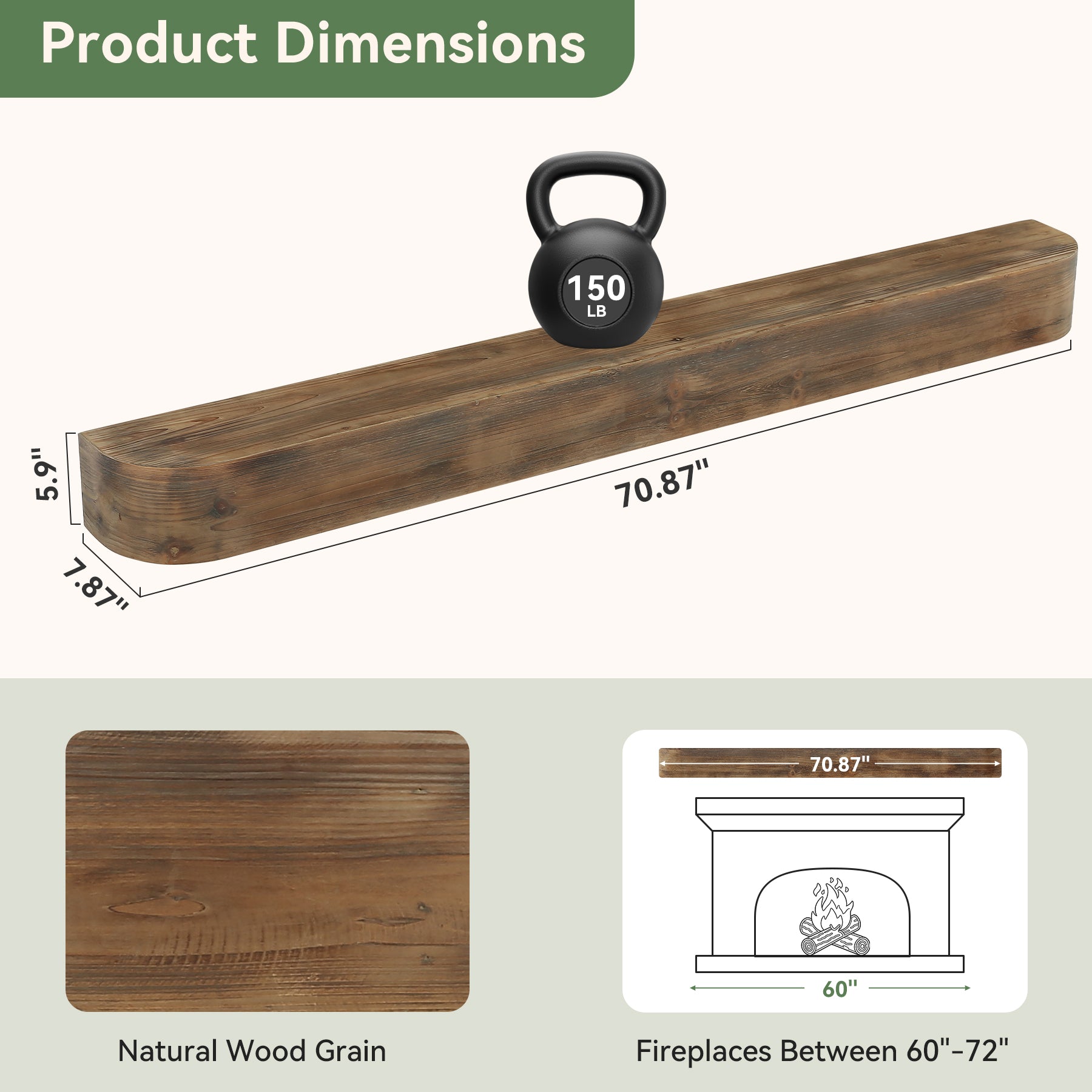 71" Fireplace Mantel, Solid Wood Floating Shelf, Wall Mounted Mantel for Over Fireplace