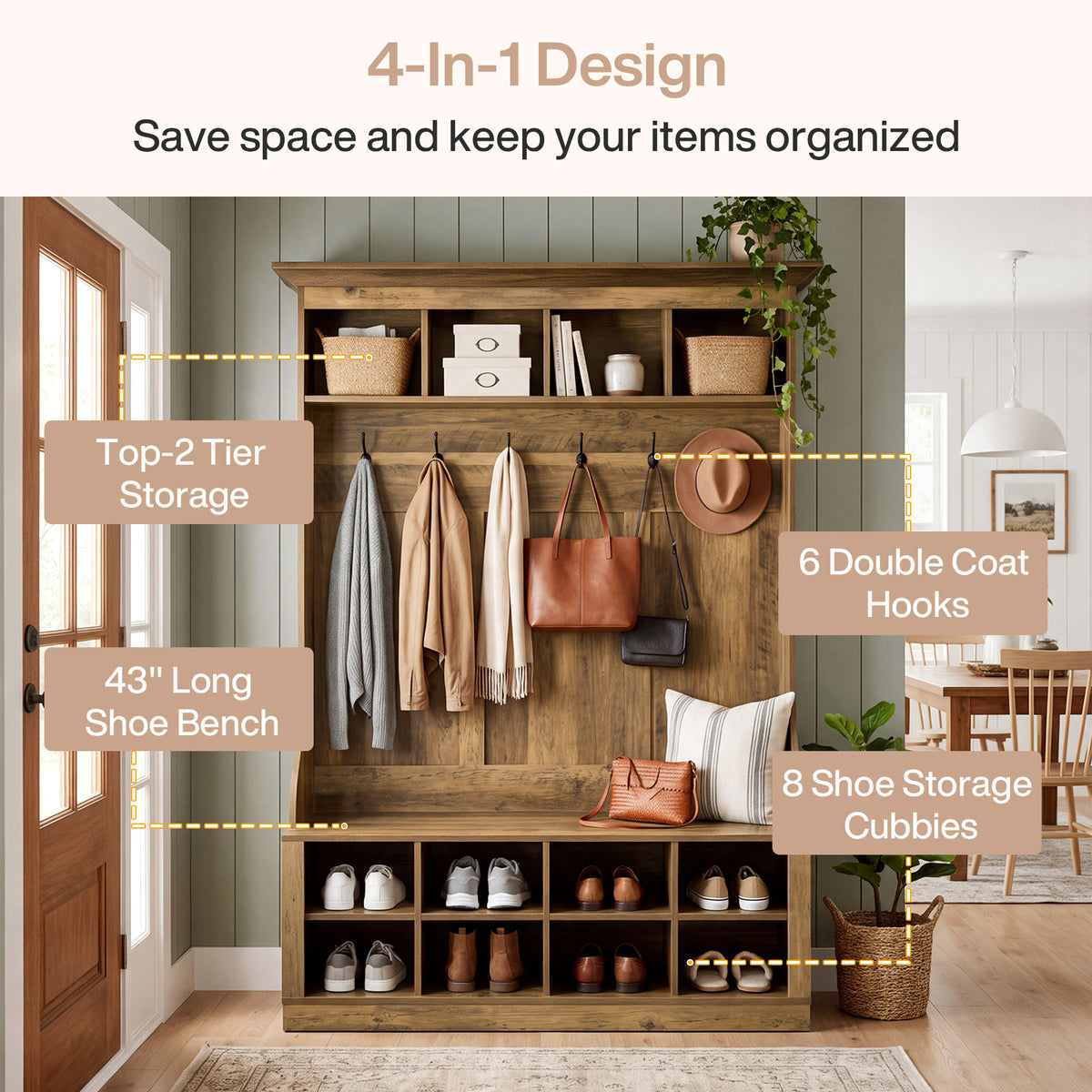 4-in-1 Hall Tree with Bench & Shoe Storage, 70.9" H Entryway Coat Rack with 6 Hooks, 12 Cubbies