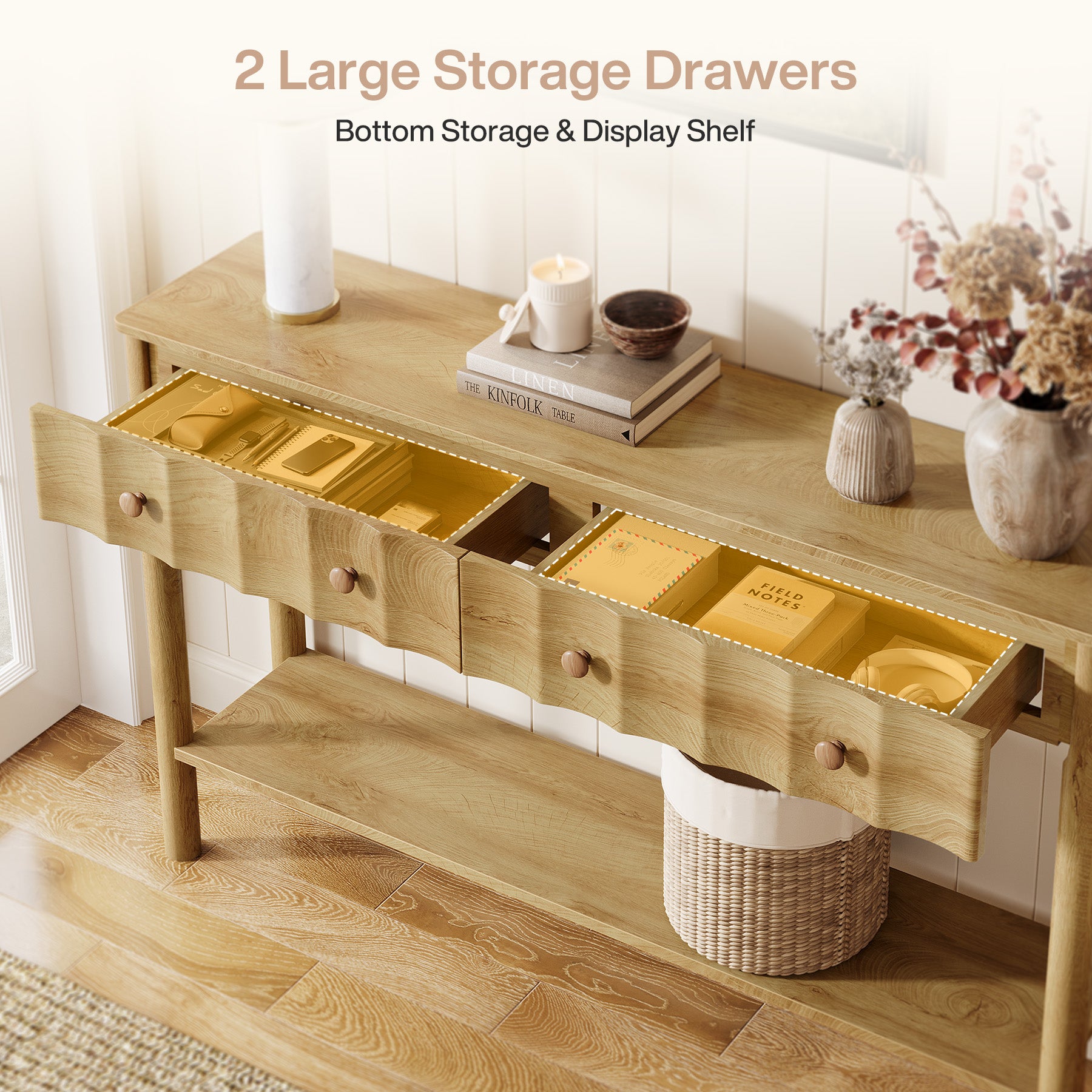 55" Console Table with 2 Drawers, Fluted Entryway Sofa Table with Open Shelf