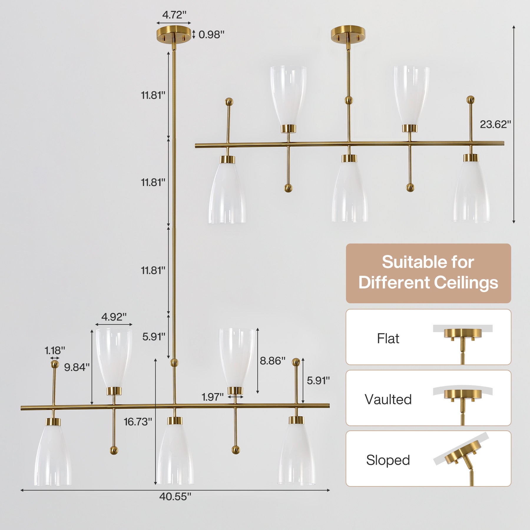 5-Light Modern Linear Chandelier, Kitchen Island Pendant Light with Gradient Frosted Glass Shades(E12 Bulbs Not Included)