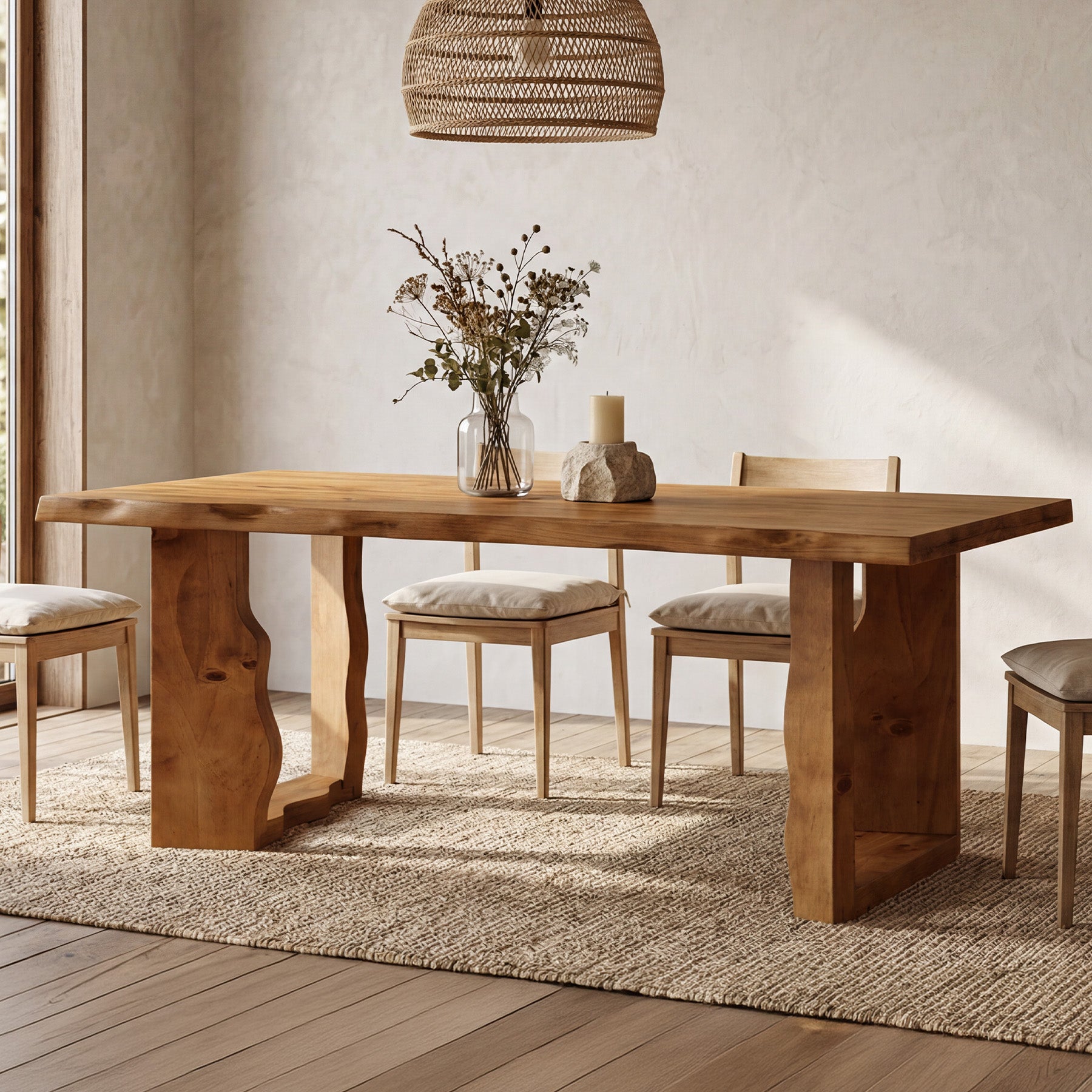 63" Solid Wood Live Edge Dining Table for 6, Rustic Modern Kitchen & Dining Room Table with Sculptural Legs