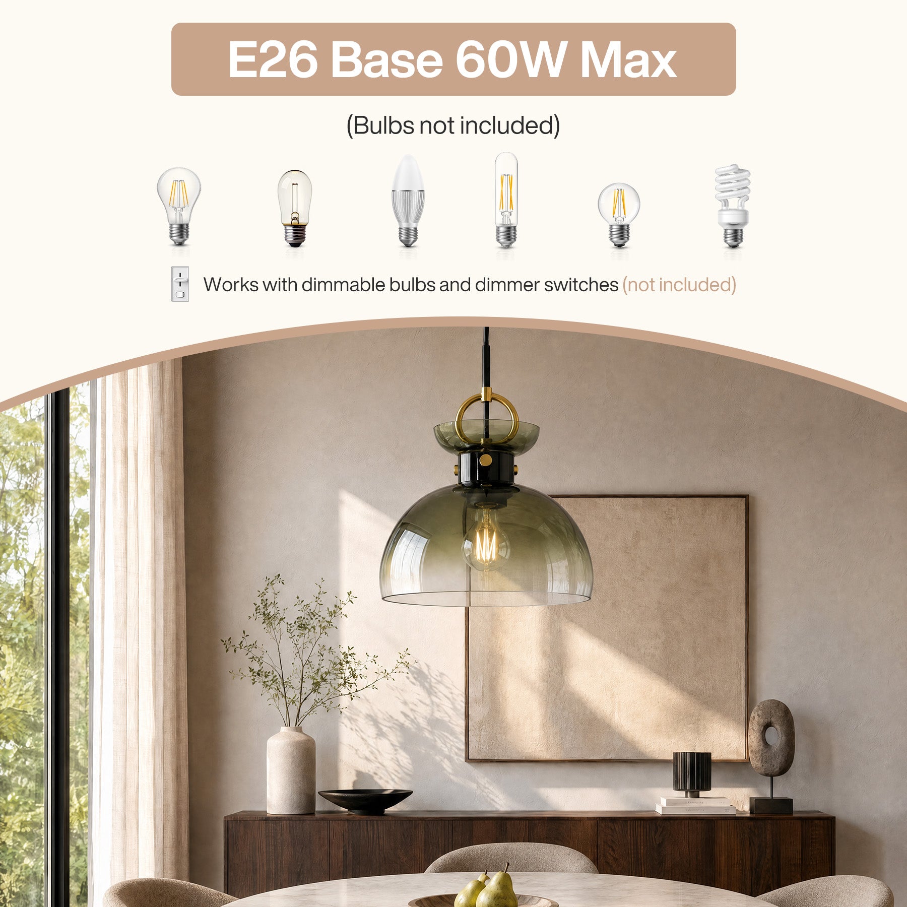 11" Modern Pendant Light Fixture with Gradient Green Glass Shade, E26 Base