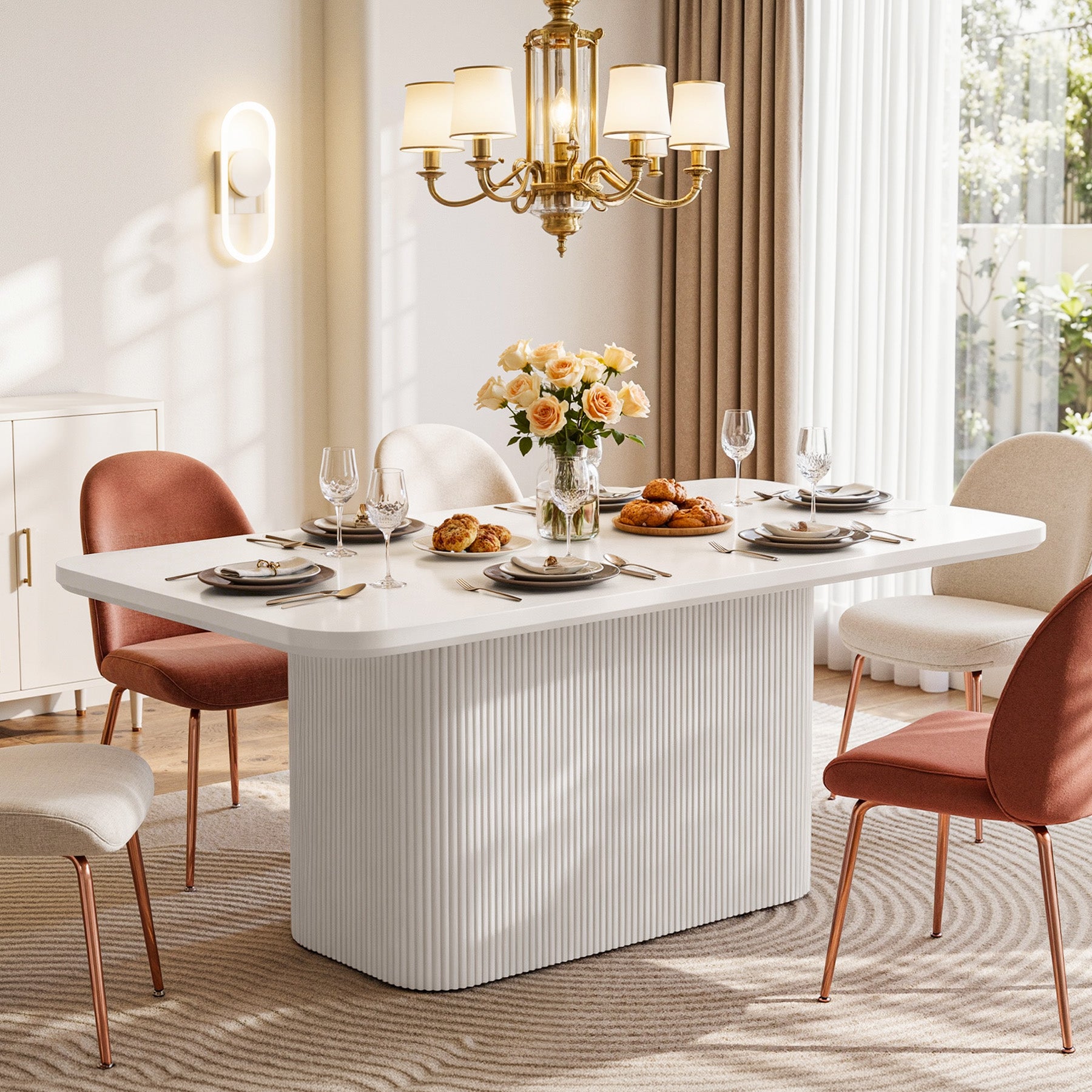 63" Dining Table, Modern Kitchen Table with Fluted Pedestal for 4-6 People