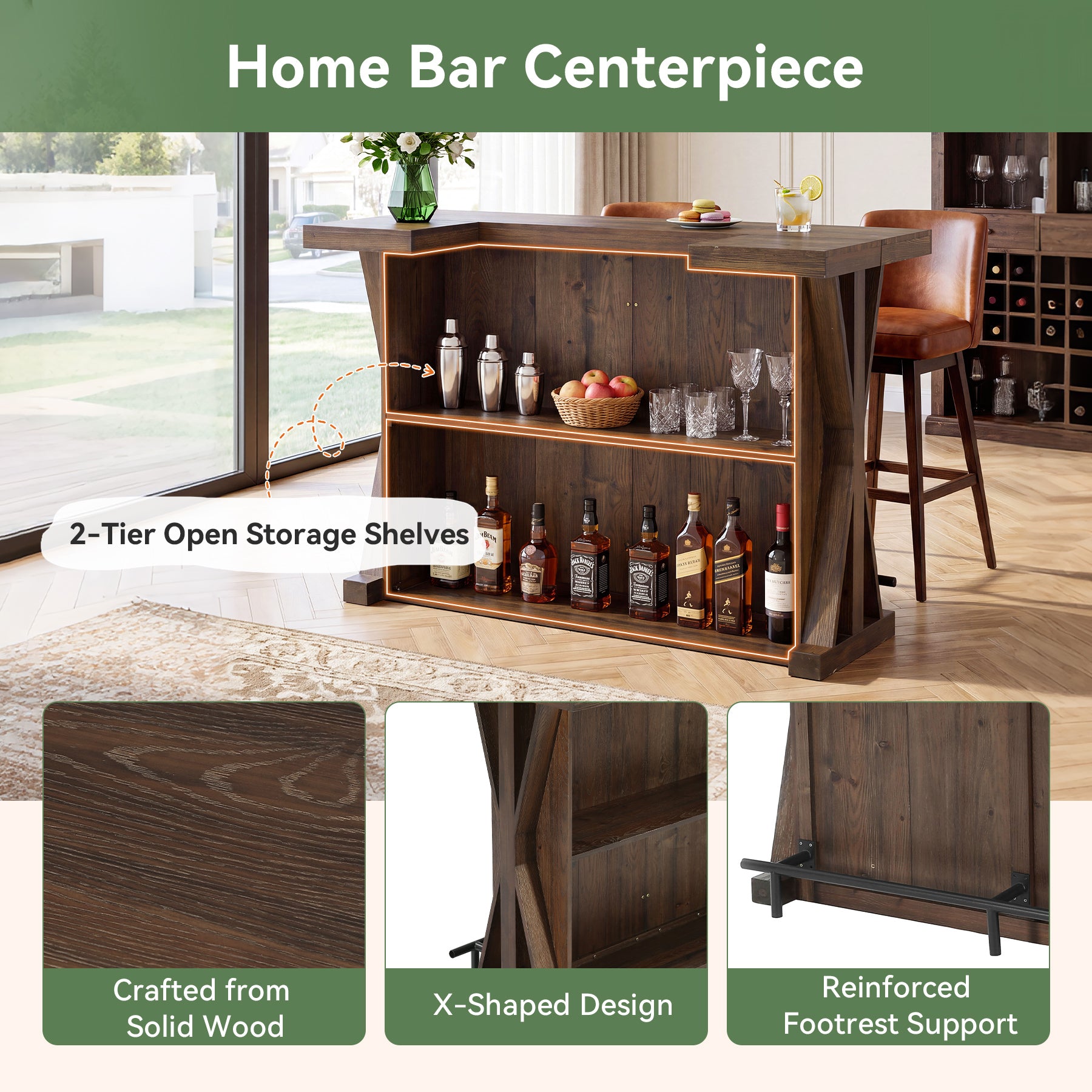 59" Home Bar Unit with Storage Shelves & Foot Rail, Farmhouse Solid Wood 3-Tier Bar Cabinet