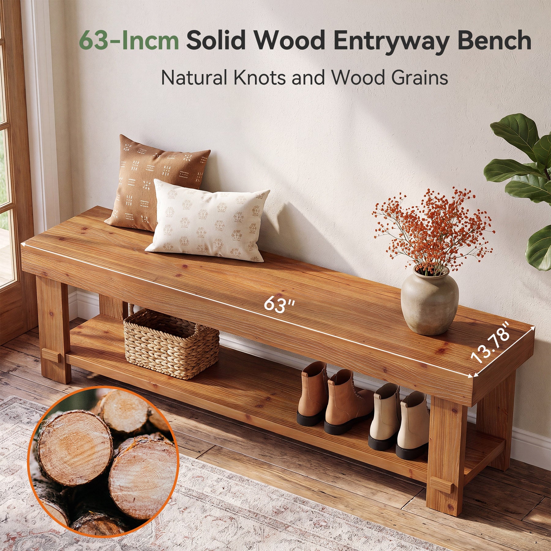 63" Solid Wood Entryway Bench, 2-Tier Shoe Bench End of Bed Bench with Storage