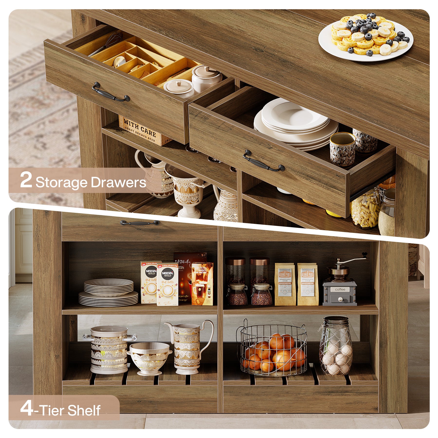 55" Kitchen Island, Wooden Bar Table with 2 Drawers and Open Shelf