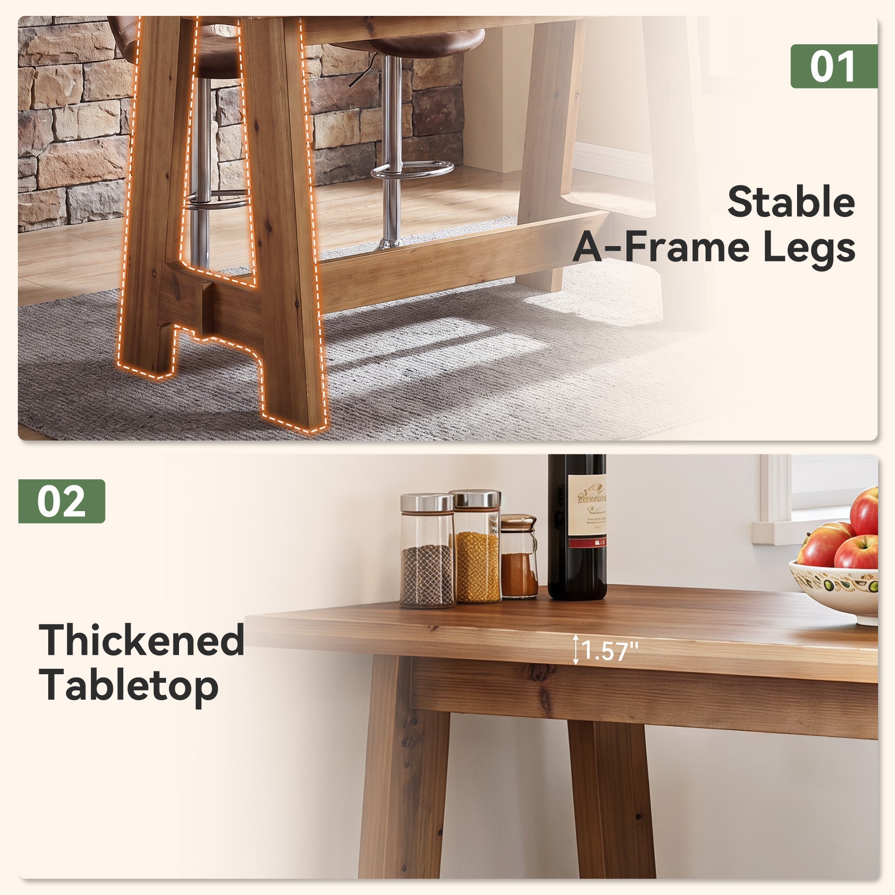 63" Solid Wood Bar Table, Rectangular Farmhouse Dining  Pub Table with A-Frame