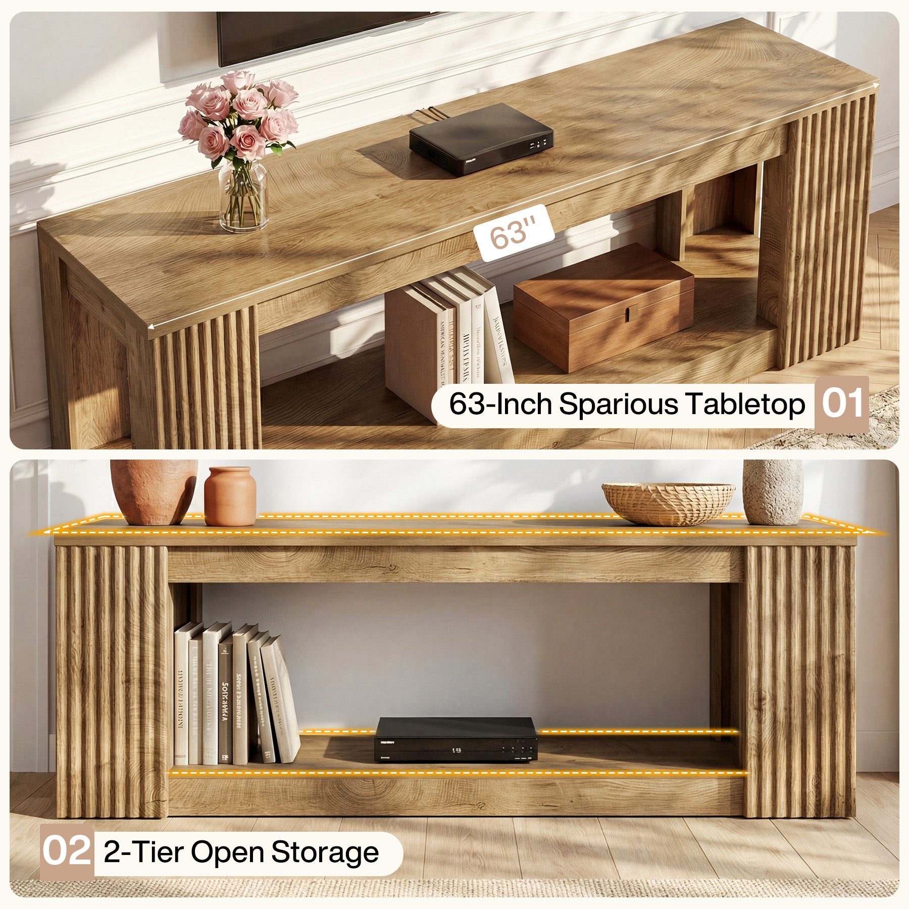 63" TV Stand, Entertainment Center with Open Storage Shelves for TVs Up to 75"