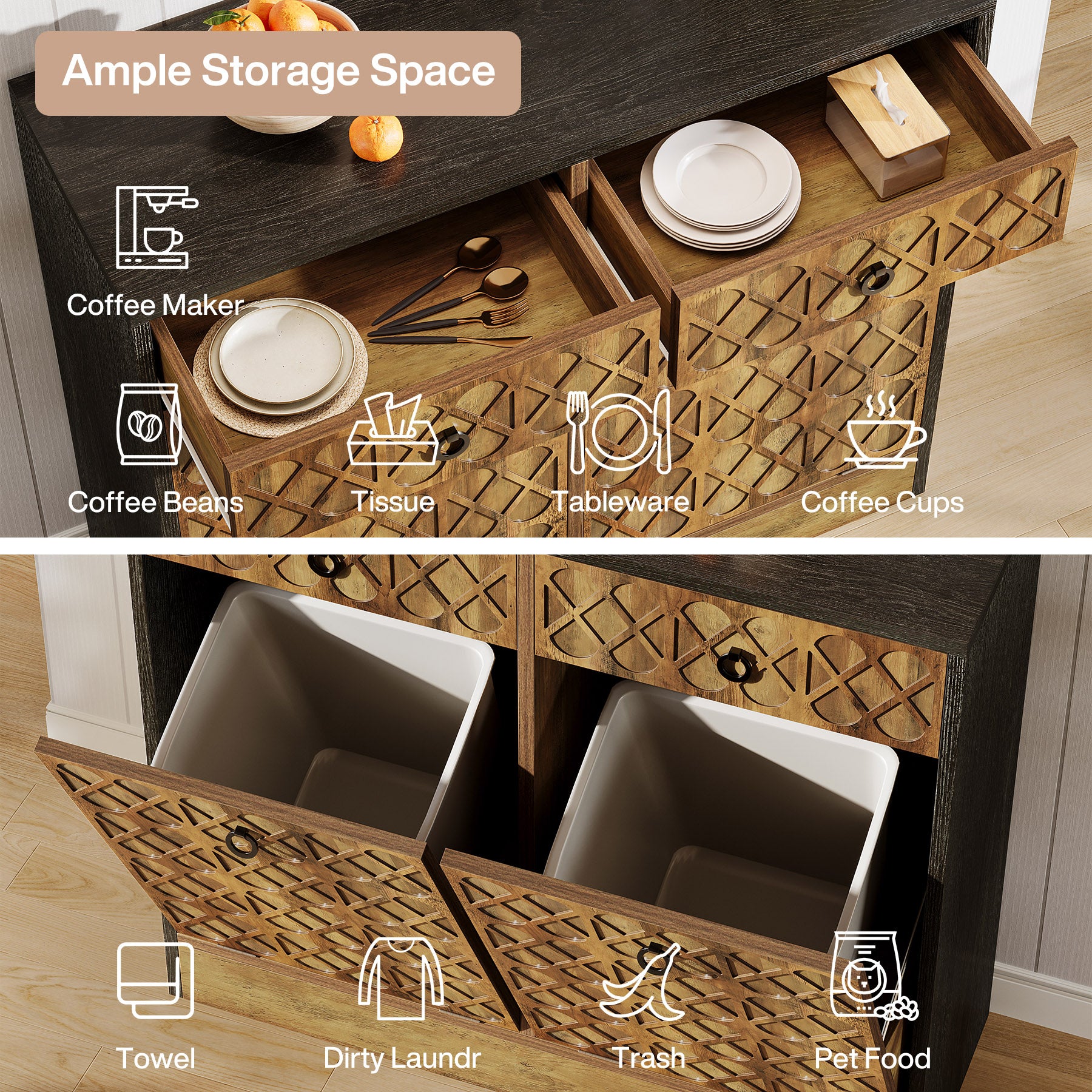 Tilt Out Trash Can Cabinet, 10 Gallon Laundry Sorter Cabinet with 2 Drawers